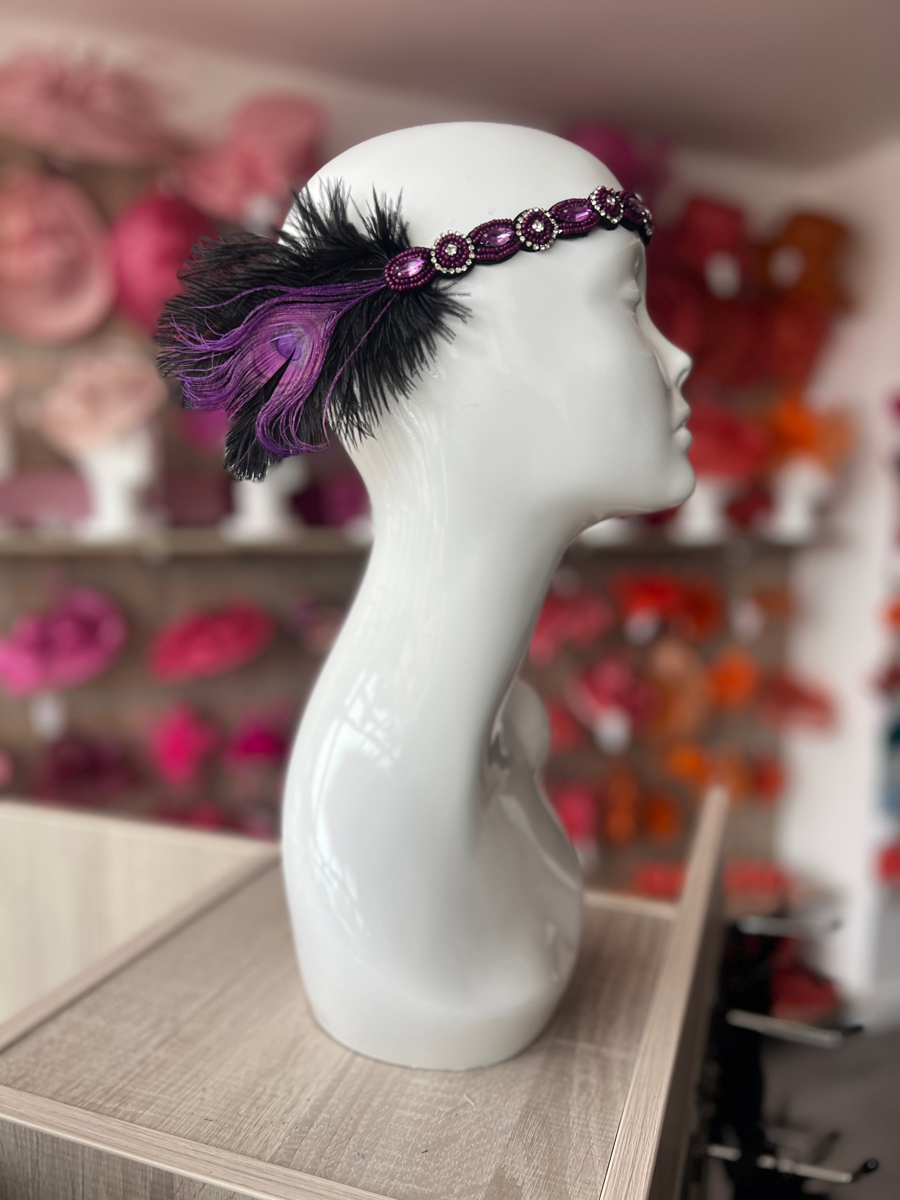 Vintage 1920s Headband Flapper Headpiece Black Purple