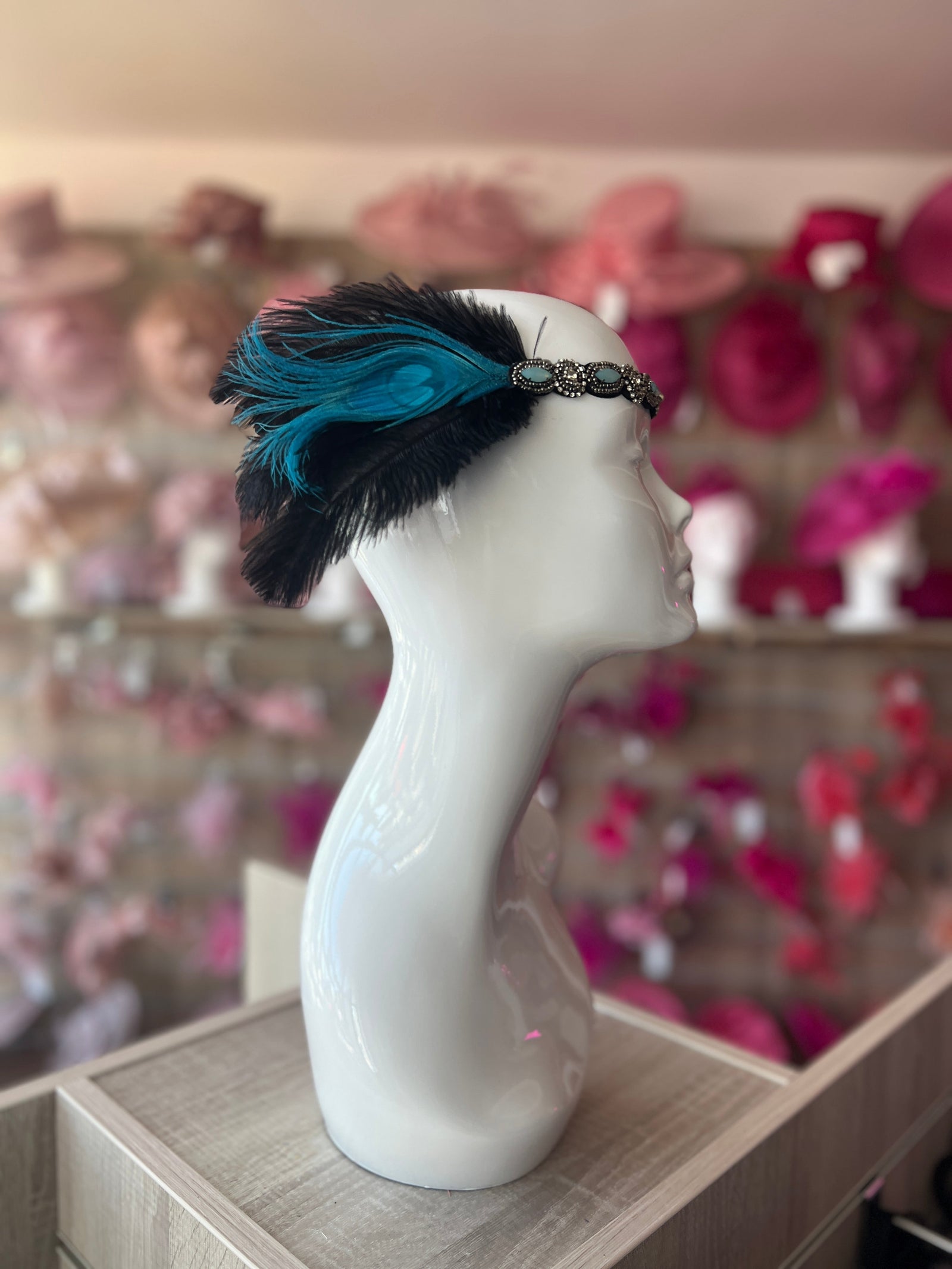 Vintage 1920s Headband Flapper Headpiece - Black & Turquoise-Fascinators Direct