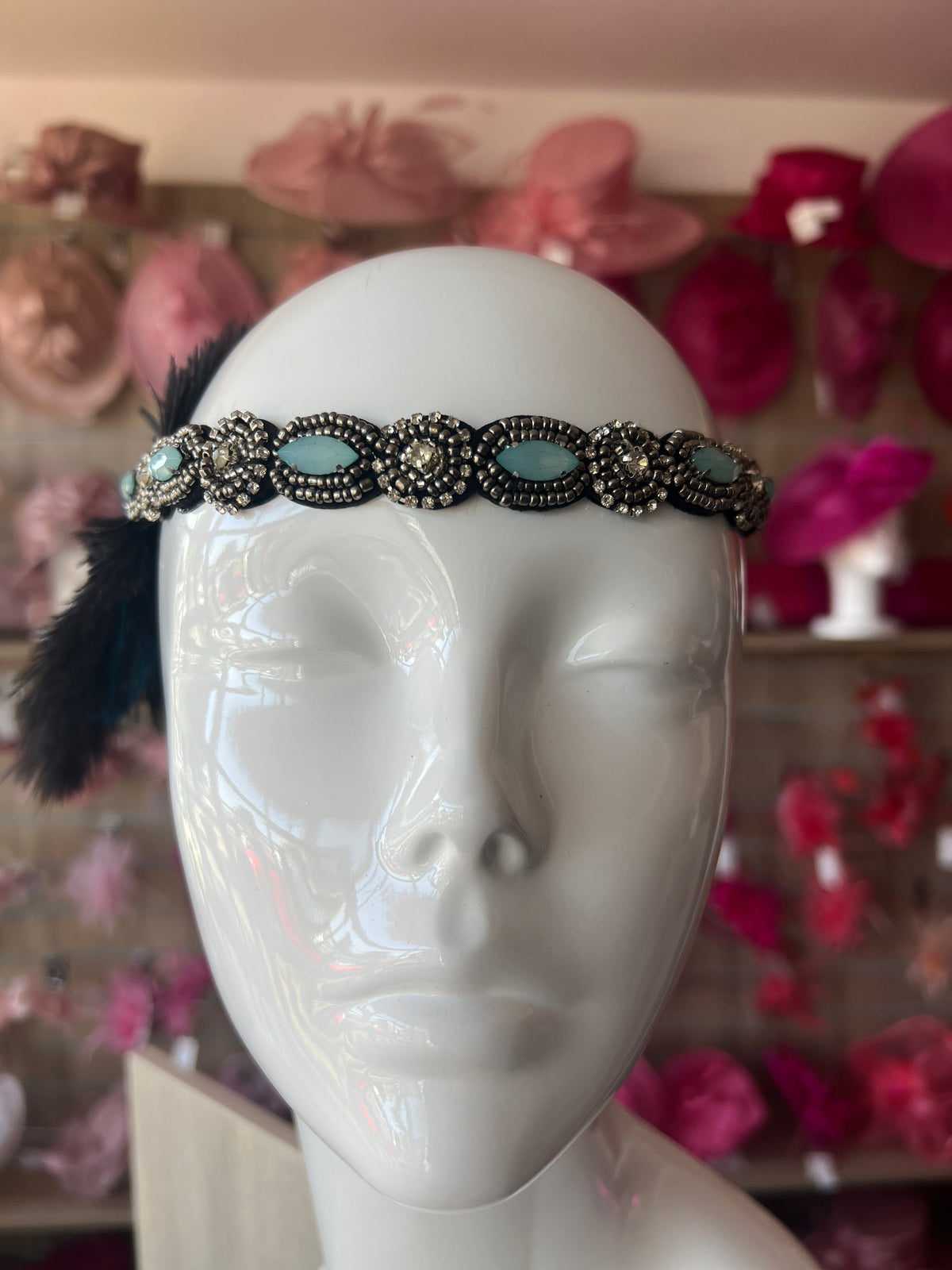 Vintage 1920s Headband Flapper Headpiece - Black &amp; Turquoise-Fascinators Direct