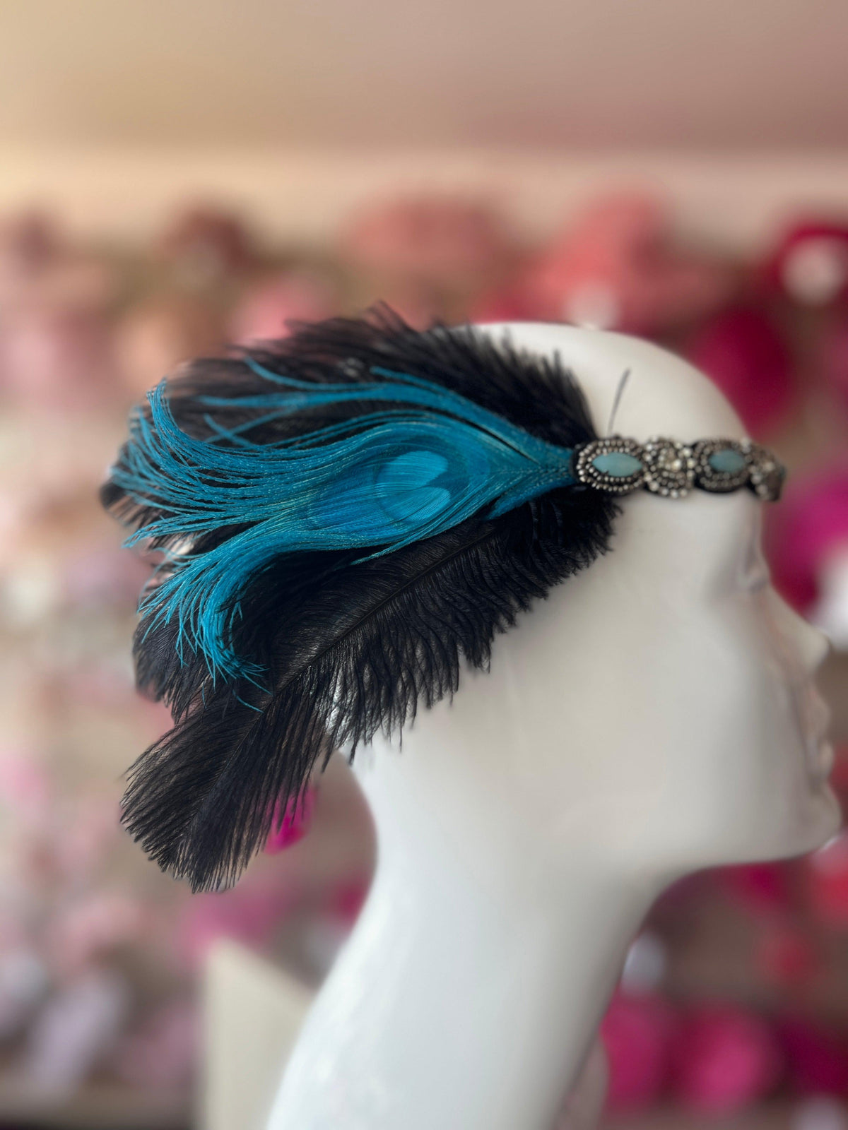 Vintage 1920s Headband Flapper Headpiece - Black &amp; Turquoise-Fascinators Direct