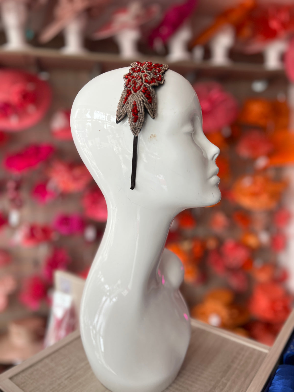 Vintage 1920's Red Leaf &amp; Flower Beaded Headband-Fascinators Direct