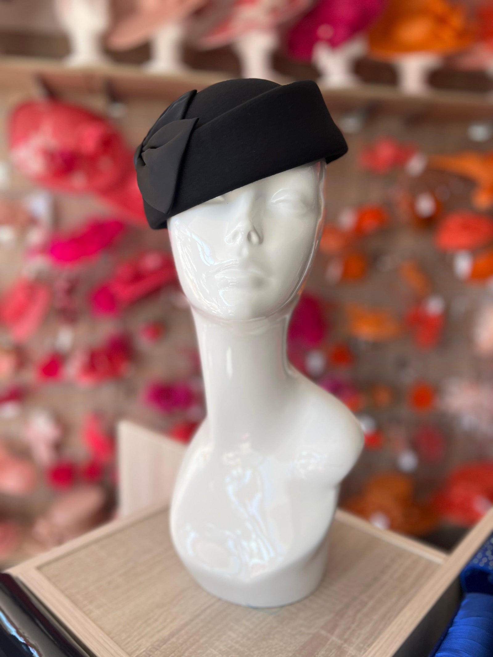 Vintage Black Felt Pillbox Hat Fascinator With Satin Bow-Fascinators Direct