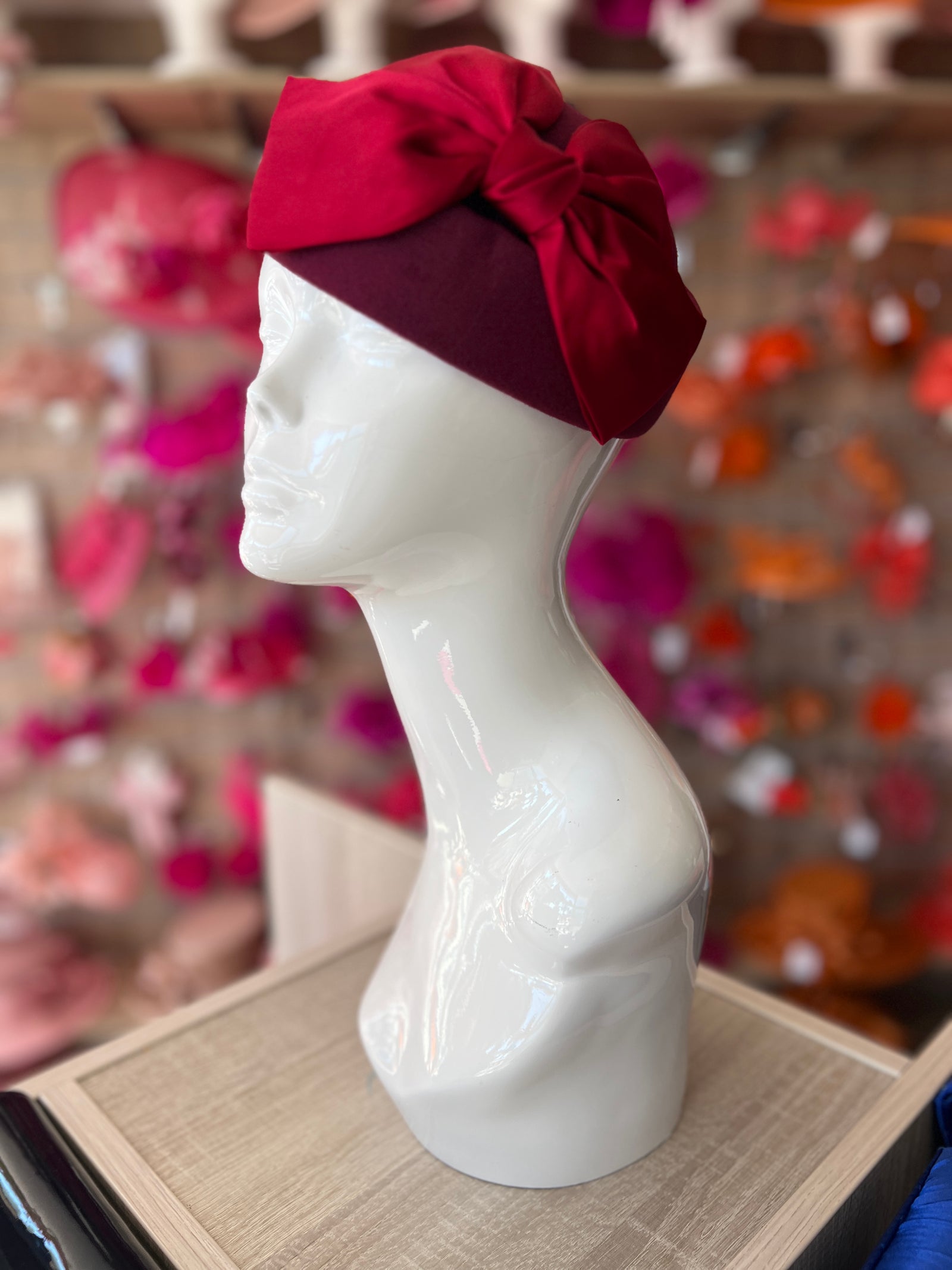 Vintage Burgundy Felt Pillbox Hat Fascinator With Satin Bow-Fascinators Direct