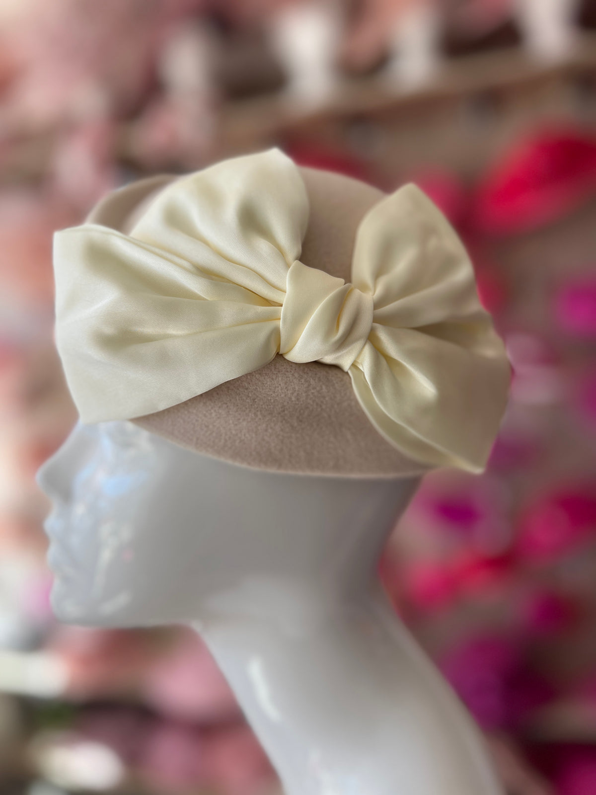 Vintage Cream Felt Pillbox Hat Fascinator With Satin Bow-Fascinators Direct