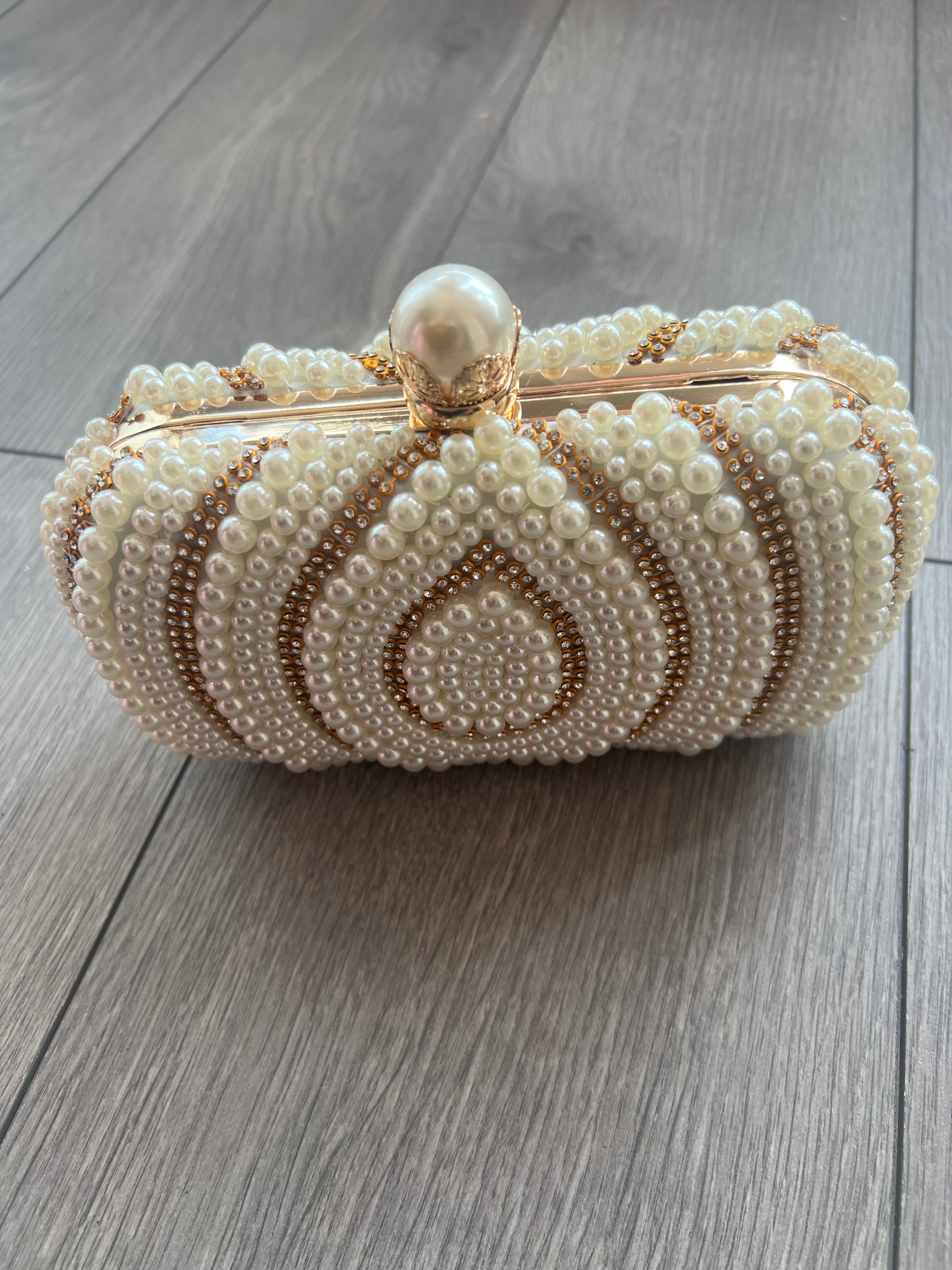 Vintage Deco Pearl Beaded Diamante Clutch Bag - Cream