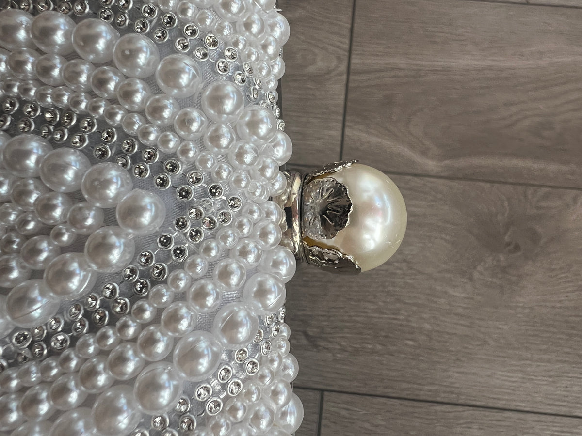 Vintage Deco Pearl Beaded Diamante Clutch Bag - White-Fascinators Direct