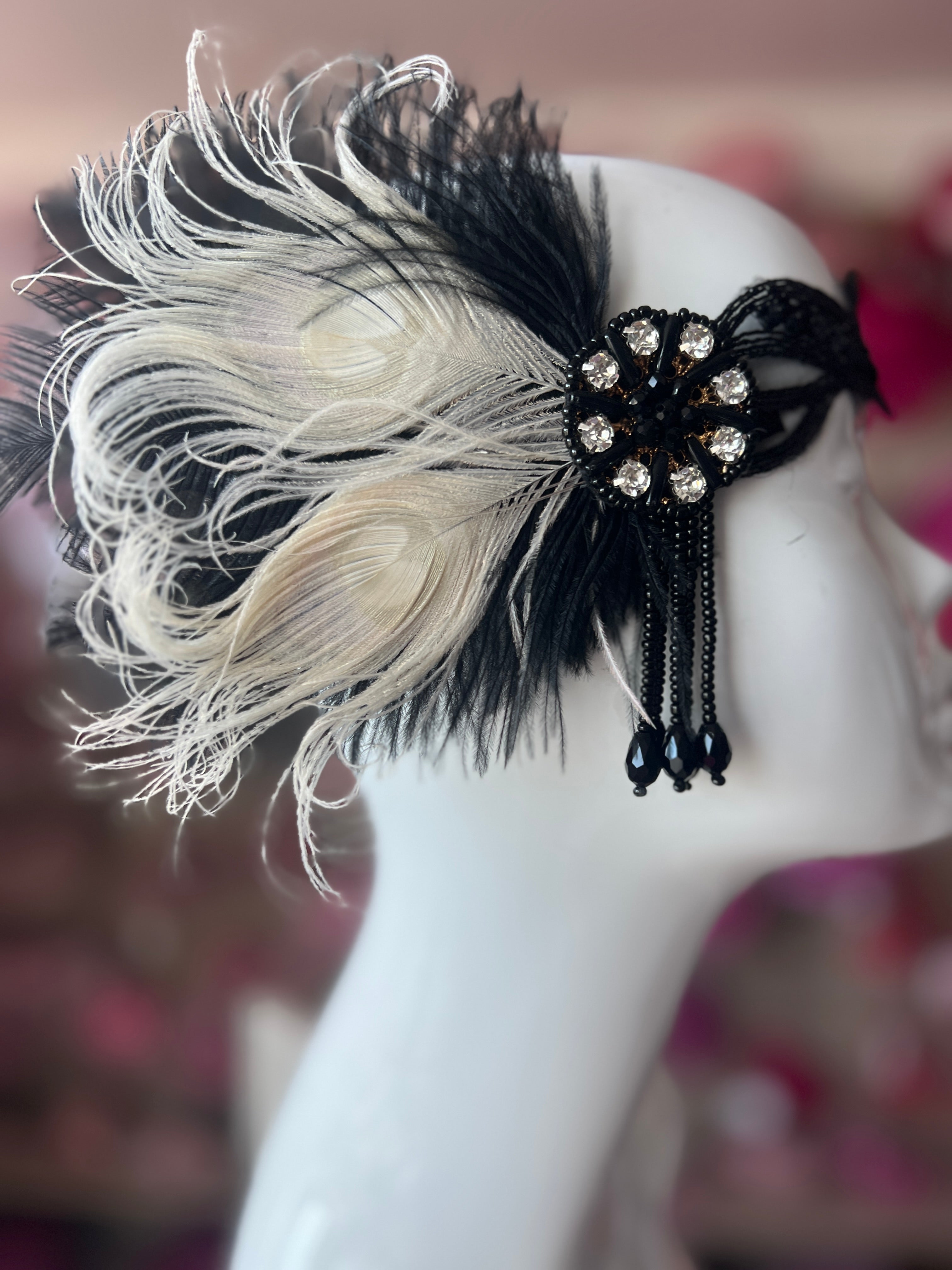 Vintage Flapper Headpiece 1920s Headband Black White