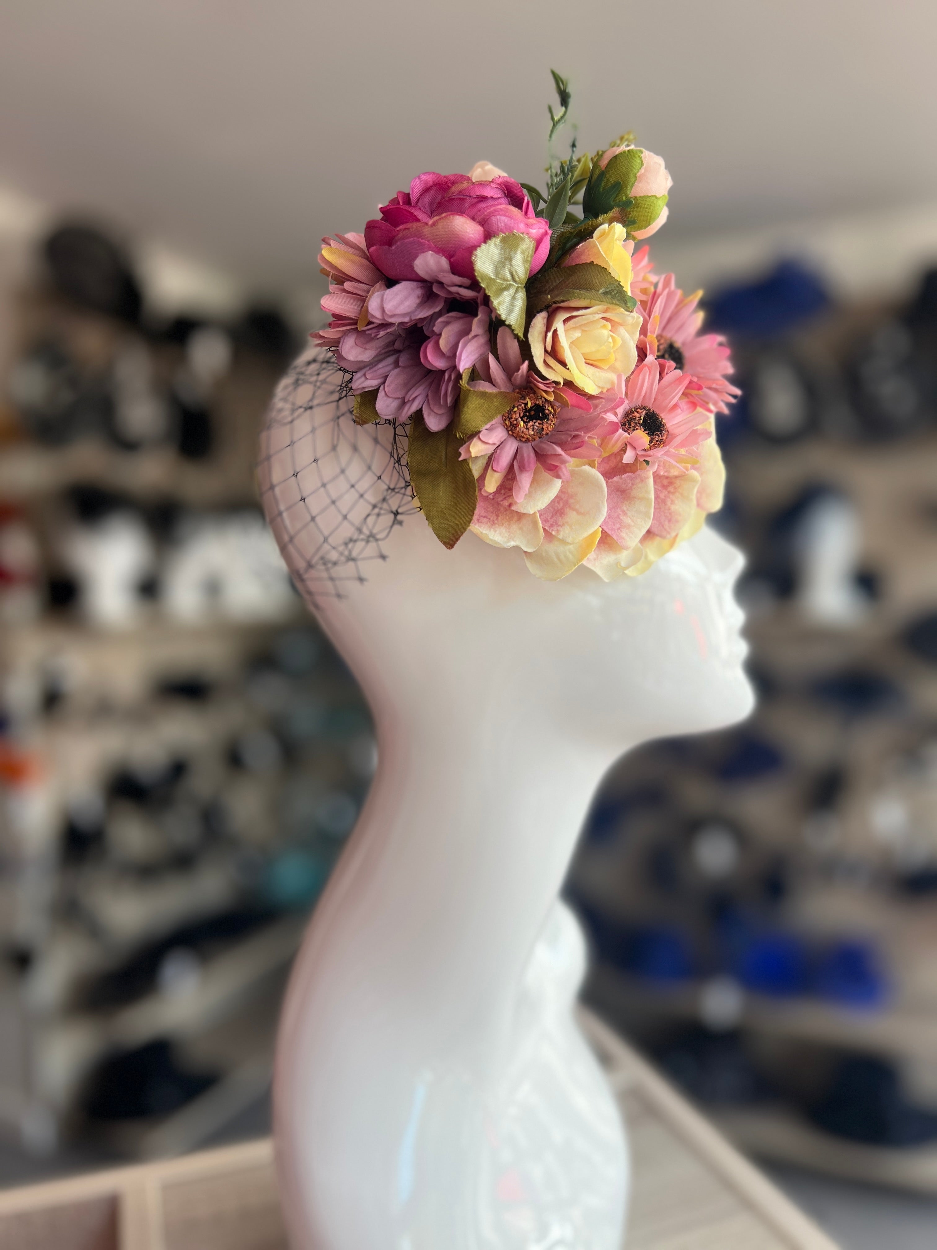 Pink Floral Vintage Hat With Veil VINTAGE MCM Cocktail Veil Designer HAT Pink White Berry  main image 3