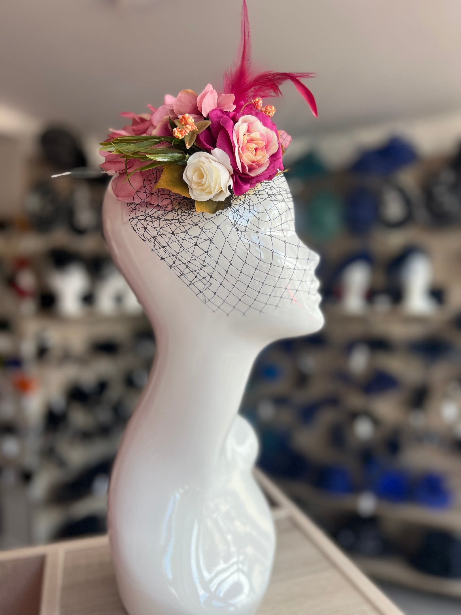 Vintage Garden Pink & Fuschia Floral Fascinator Hat with Veil-Fascinators Direct