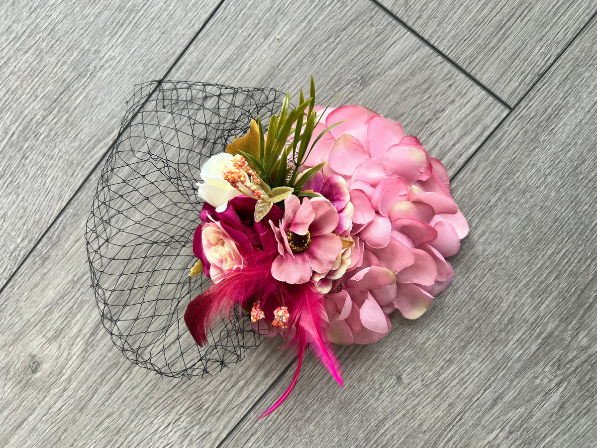 Vintage Garden Pink &amp; Fuschia Floral Fascinator Hat with Veil-Fascinators Direct