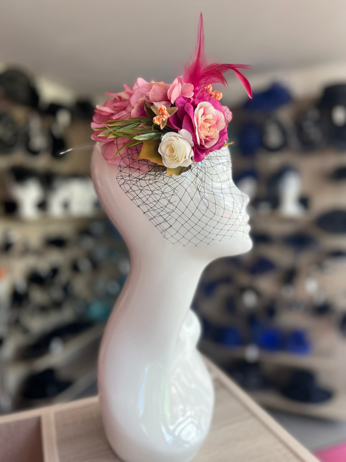 Vintage Garden Pink &amp; Fuschia Floral Fascinator Hat with Veil-Fascinators Direct