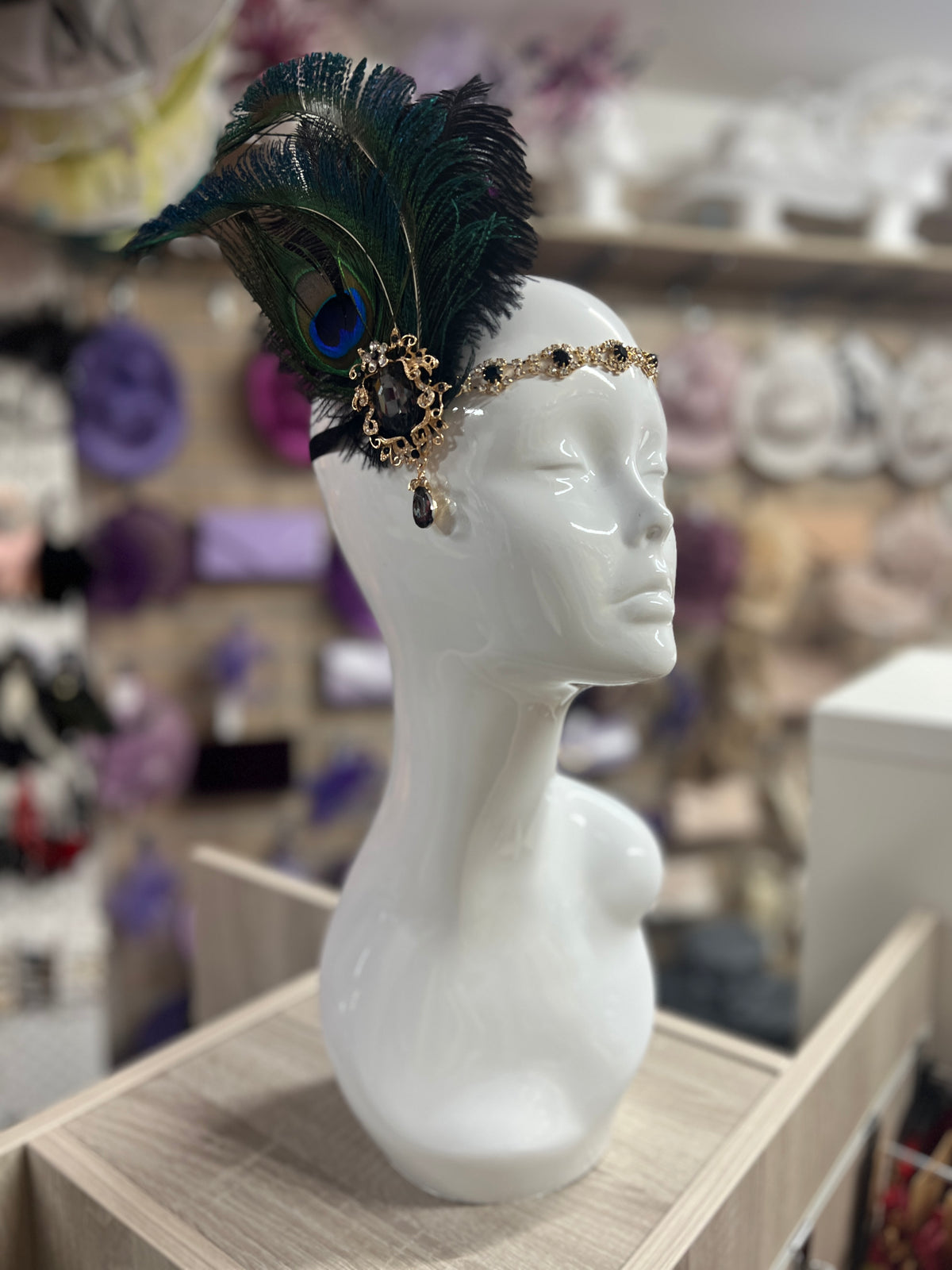 Vintage Jewelled Peacock Feather Fascinator Hat-Black-Fascinators Direct