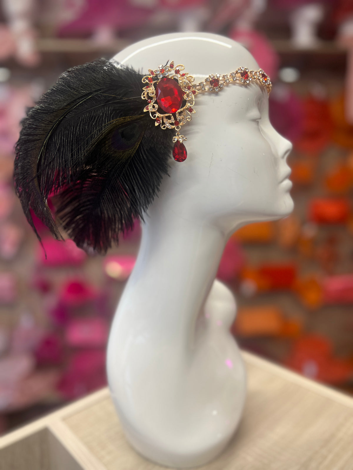Vintage Jewelled Peacock Feather Fascinator Hat-Red-Fascinators Direct