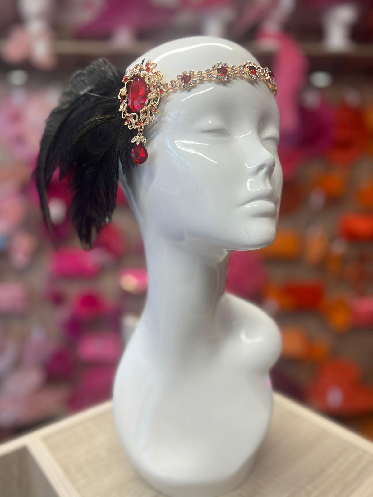 Vintage Jewelled Peacock Feather Fascinator Hat-Red-Fascinators Direct