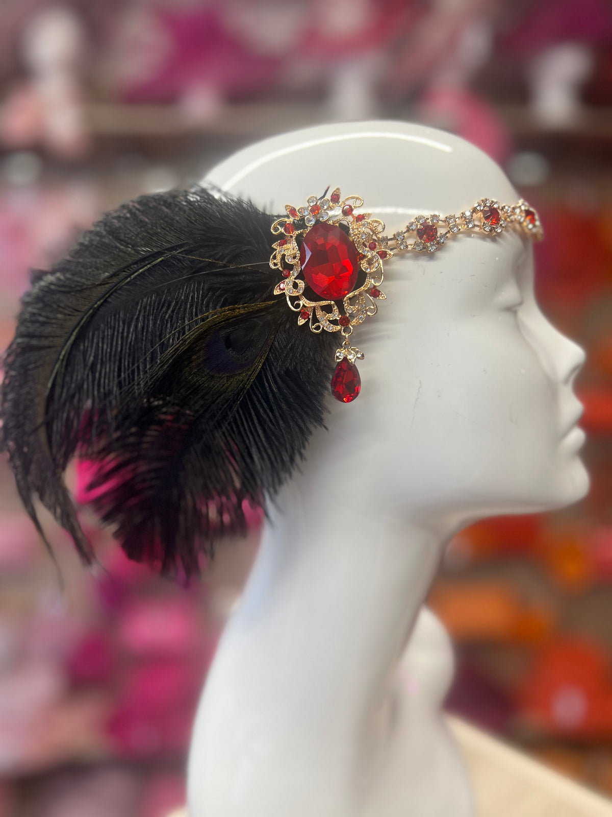 Vintage Jewelled Peacock Feather Fascinator Hat-Red-Fascinators Direct