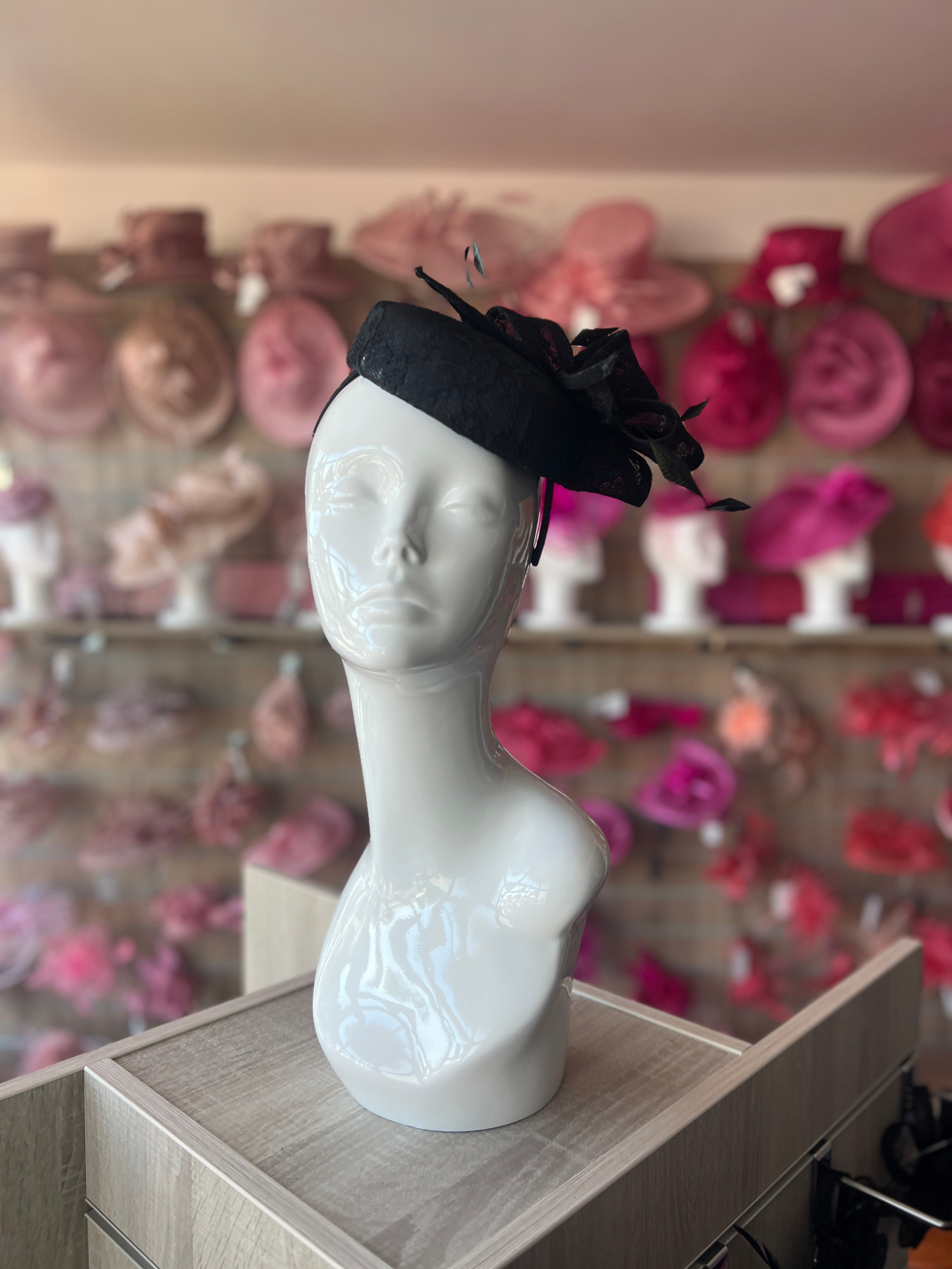 Vintage Lace Black Pillbox Hat Fascinator Headband with Bow