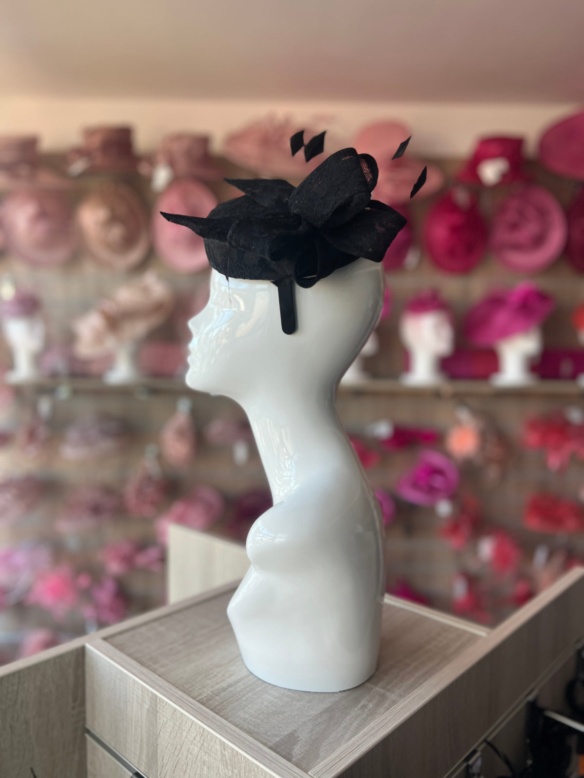 Vintage Lace Black Pillbox Hat Fascinator Headband with Bow-Fascinators Direct