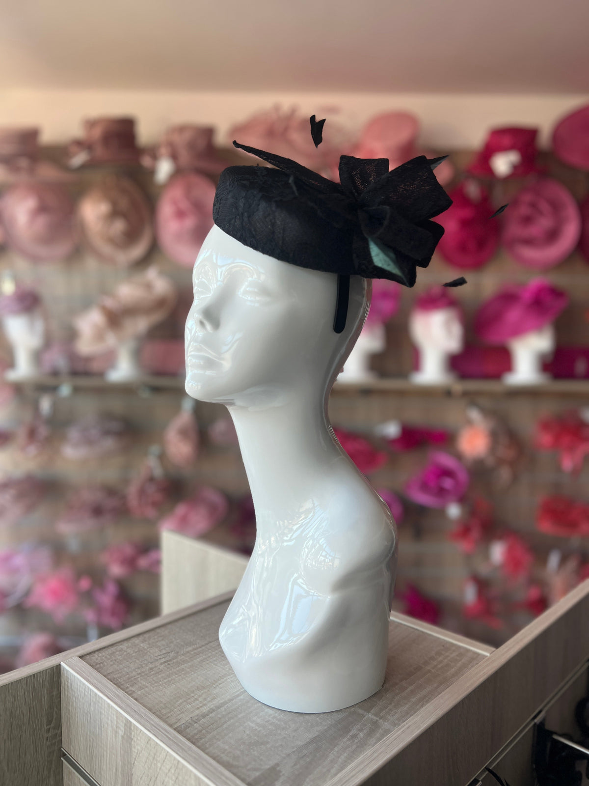 Vintage Lace Black Pillbox Hat Fascinator Headband with Bow-Fascinators Direct