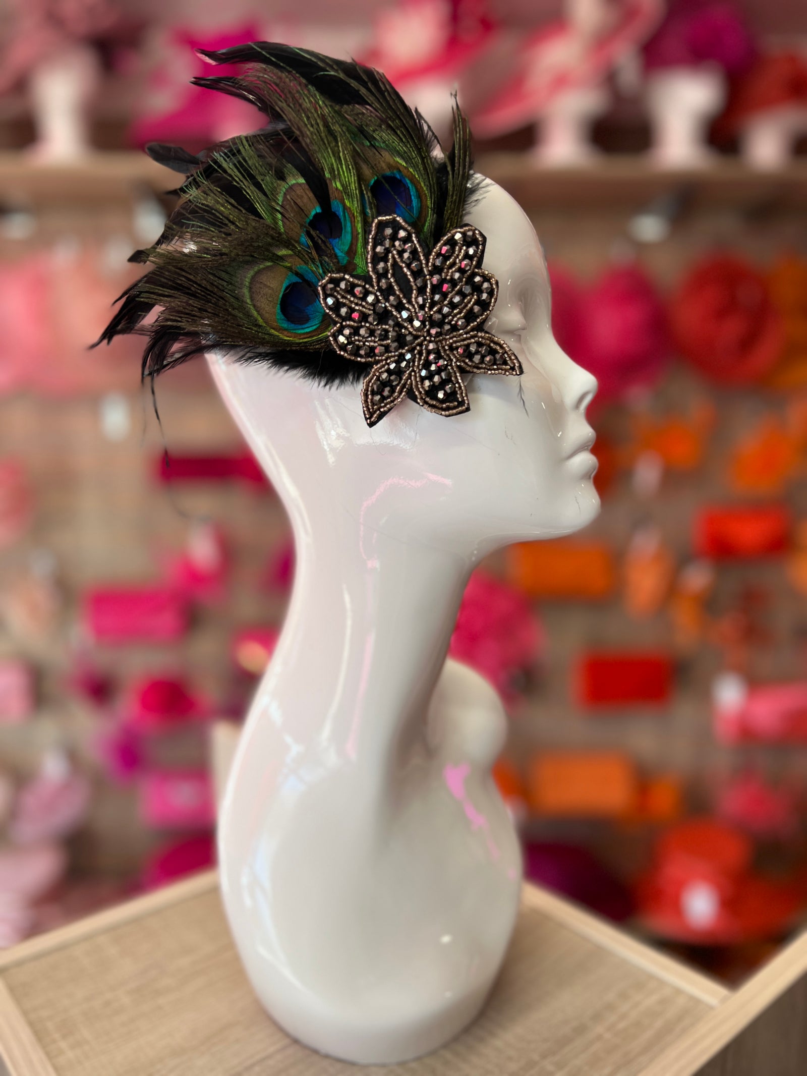 Vintage Peacock Feather Flapper Fascinator With Beaded Embellishment-Fascinators Direct