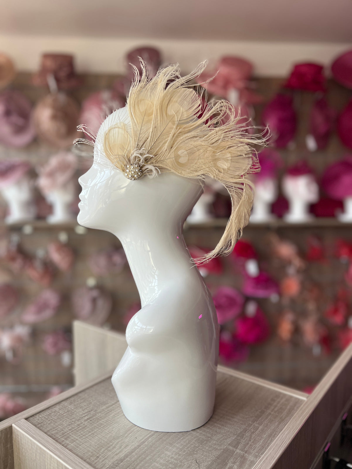 Vintage Style Large Peacock Feather Fascinator - Cream-Fascinators Direct