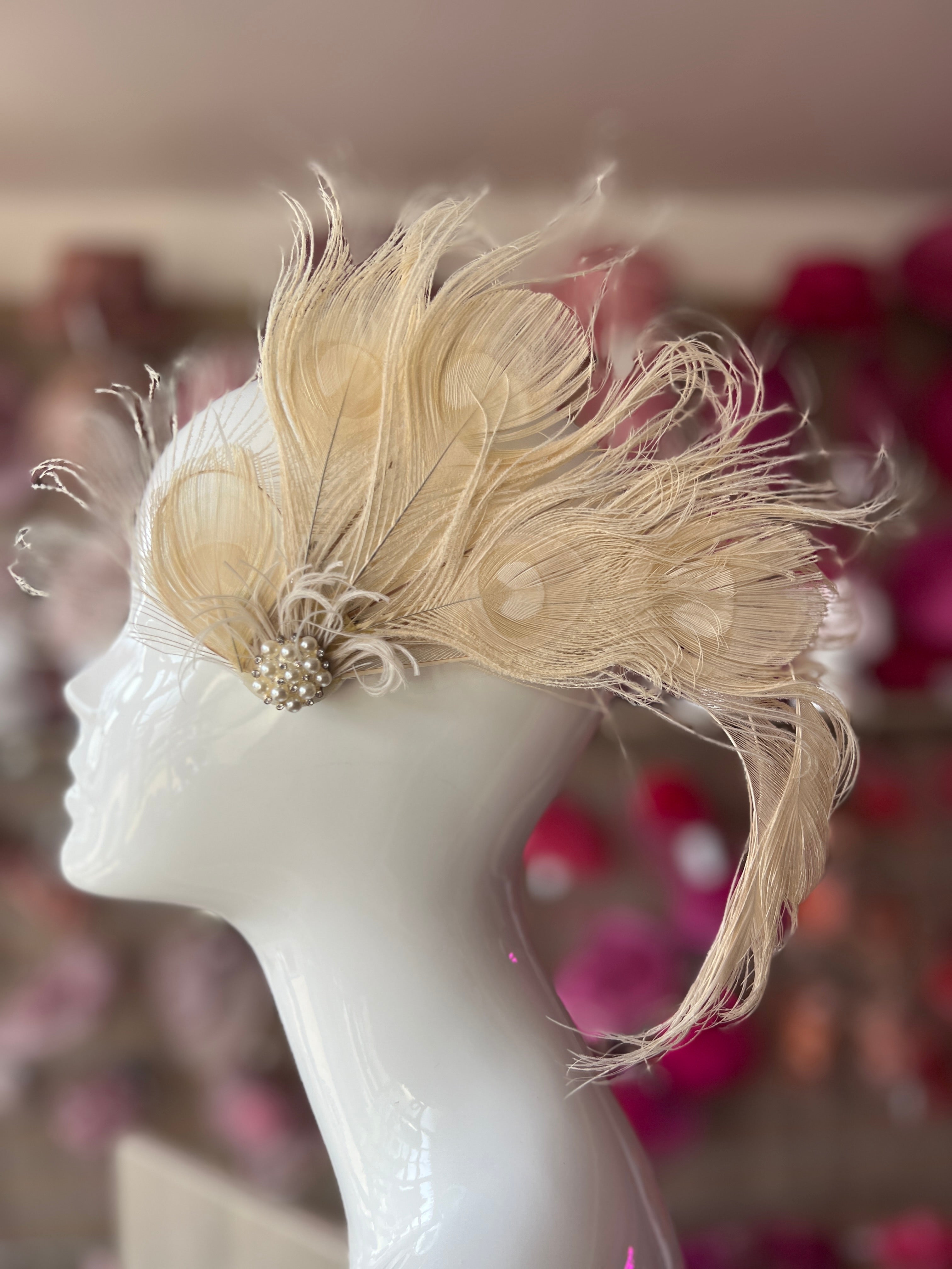 Cream and Brown Fascinator with Feathered Elegance Elegant Woman Derby Fascinator Beige - off White Royal Ascot  main image 2