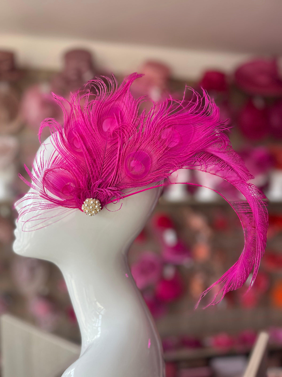 Vintage Style Large Peacock Feather Fascinator - Fuchsia Pink-Fascinators Direct
