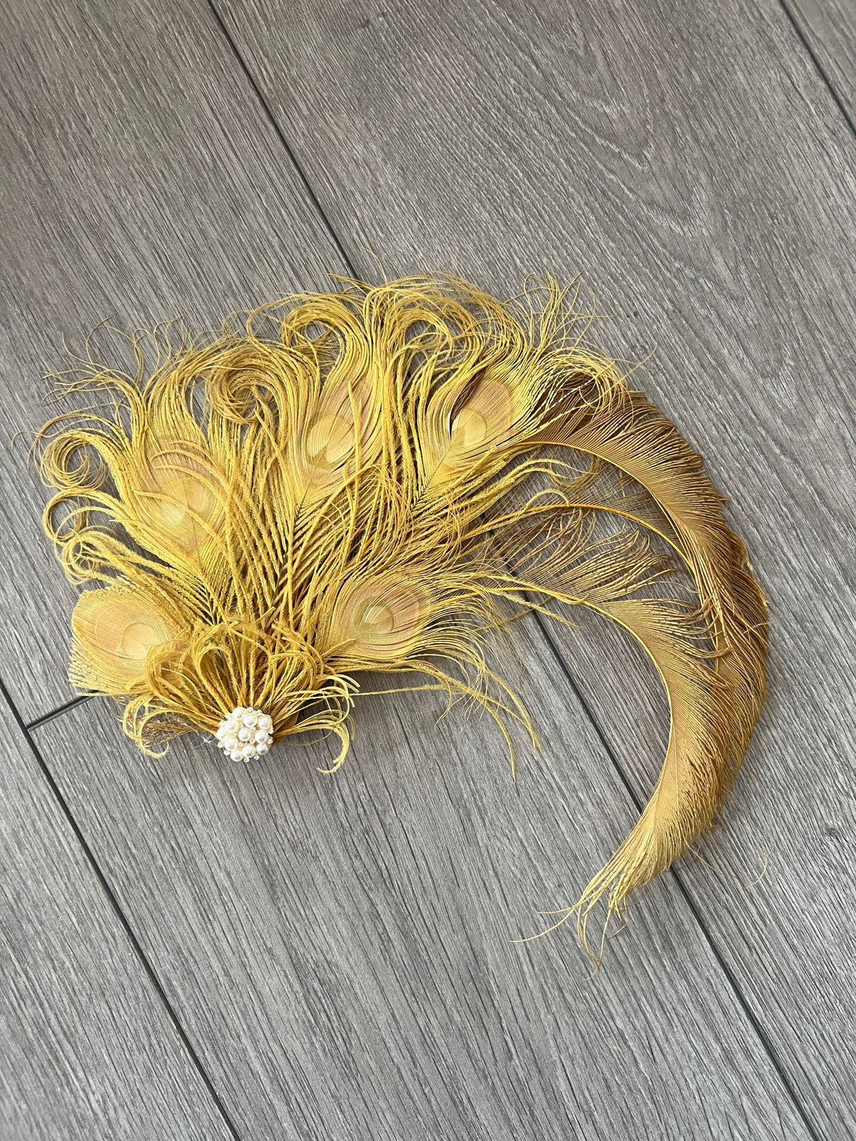 Vintage Style Large Peacock Feather Fascinator - Gold-Fascinators Direct