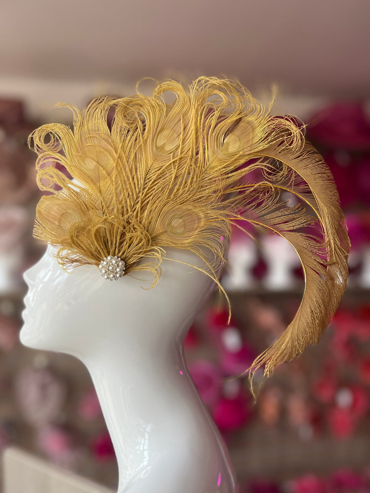 Vintage Style Large Peacock Feather Fascinator - Gold-Fascinators Direct