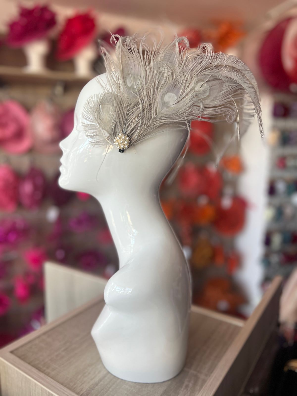 Vintage Style Large Peacock Feather Fascinator - Light Grey-Fascinators Direct