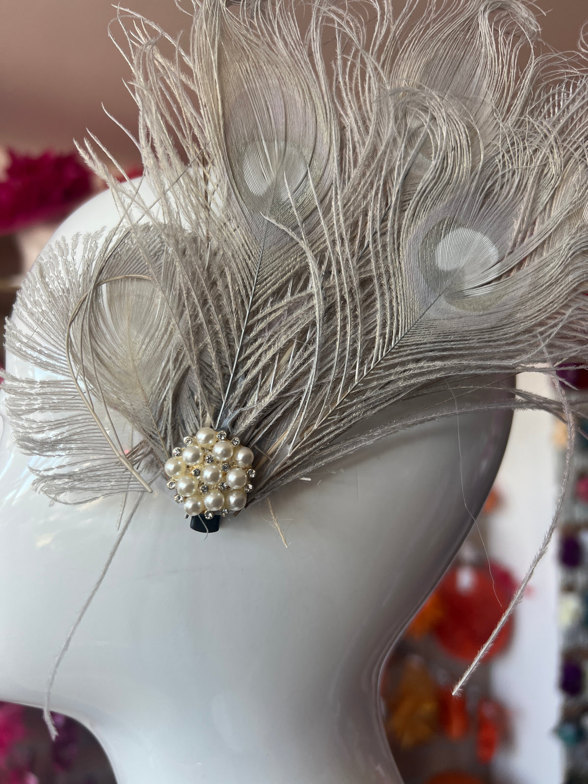 Vintage Style Large Peacock Feather Fascinator - Light Grey-Fascinators Direct