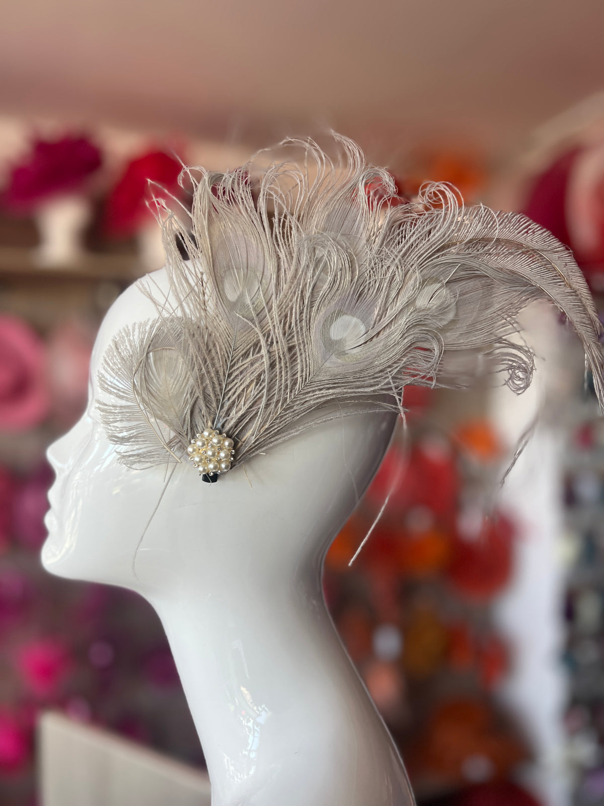 Vintage Style Large Peacock Feather Fascinator - Light Grey-Fascinators Direct