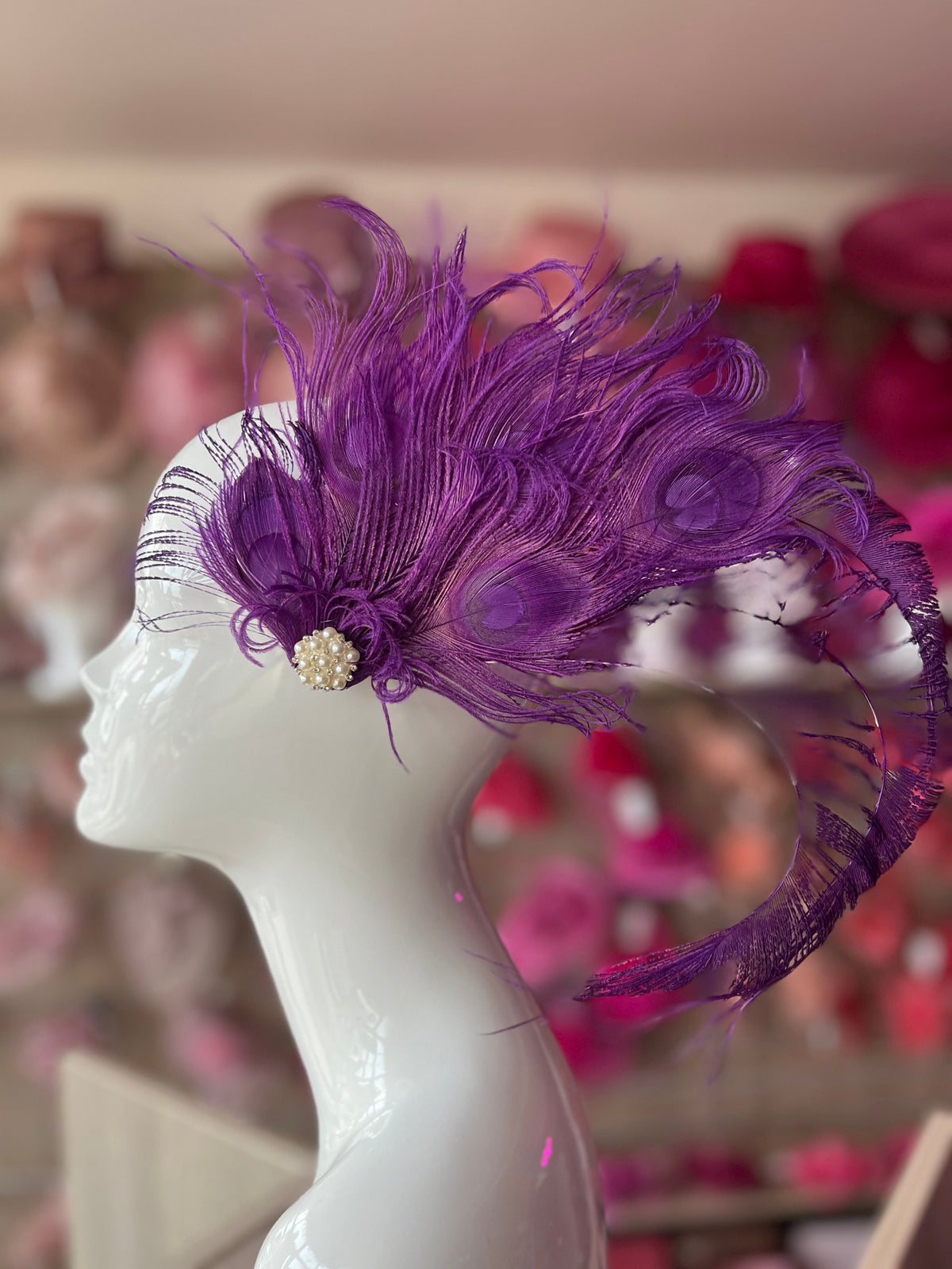 Vintage Style Large Peacock Feather Fascinator - Purple-Fascinators Direct