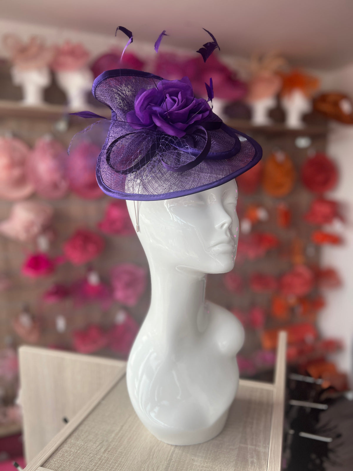 Violet Disc Fascinator with Fabric Rose &amp; Netting-Fascinators Direct