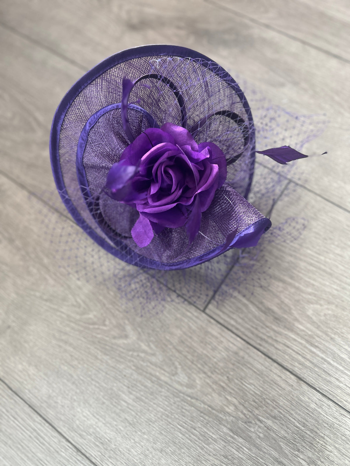 Violet Disc Fascinator with Fabric Rose &amp; Netting-Fascinators Direct