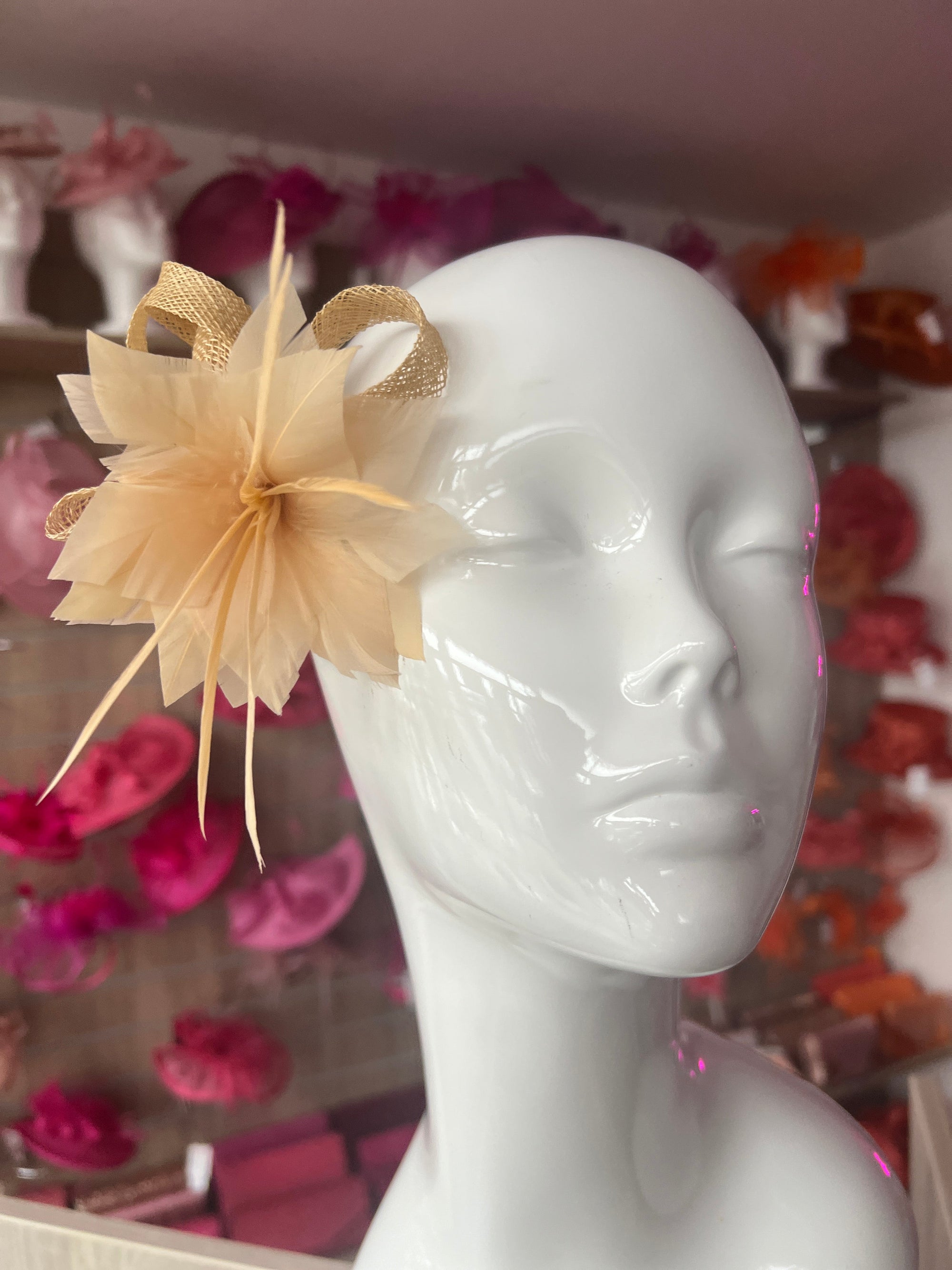 Wheat Small Hair Clip Sinamay Fascinator with Feather Flower-Fascinators Direct