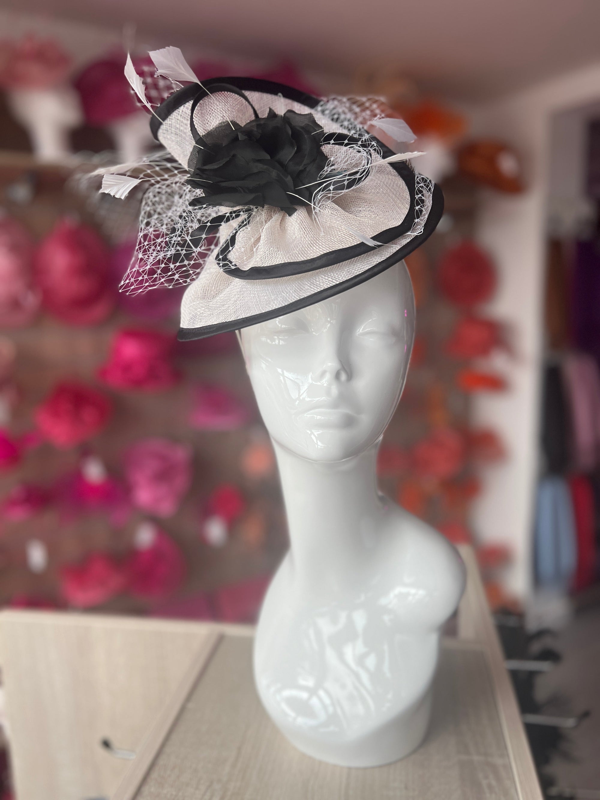 White & Black Disc Fascinator with Fabric Rose & Netting-Fascinators Direct