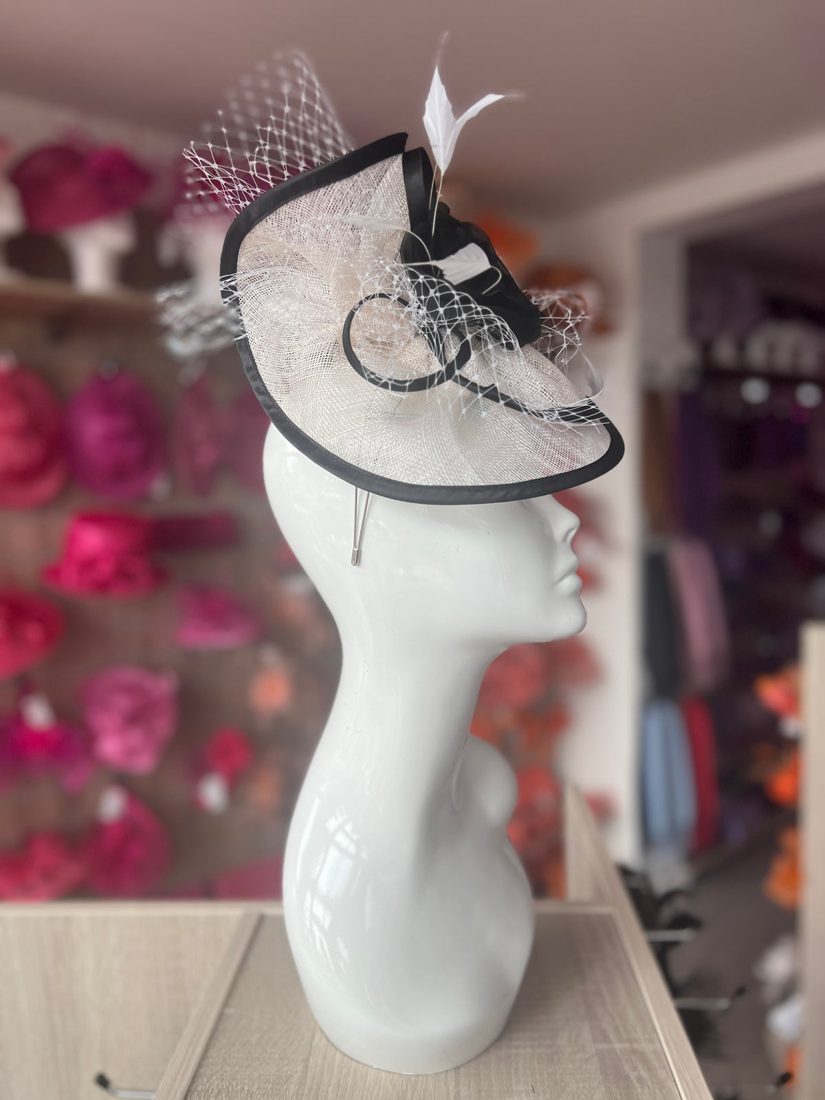 White &amp; Black Disc Fascinator with Fabric Rose &amp; Netting-Fascinators Direct