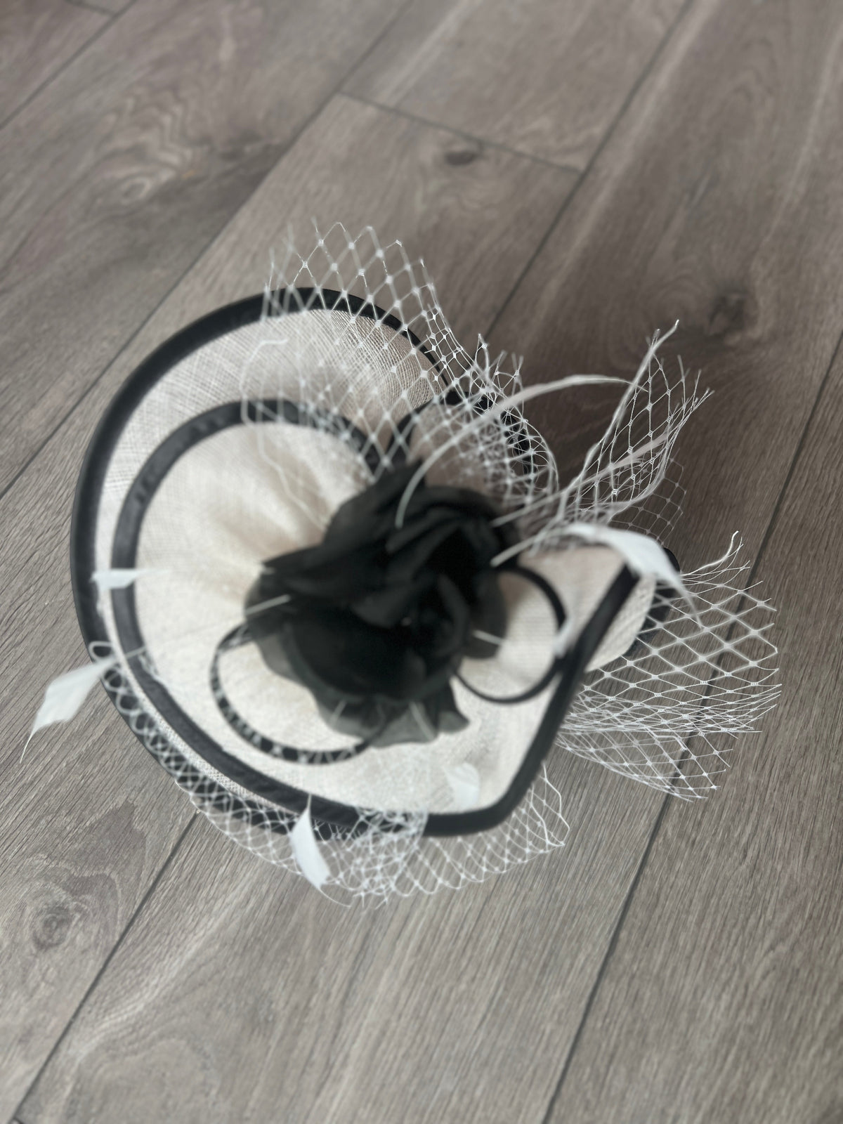 White &amp; Black Disc Fascinator with Fabric Rose &amp; Netting-Fascinators Direct