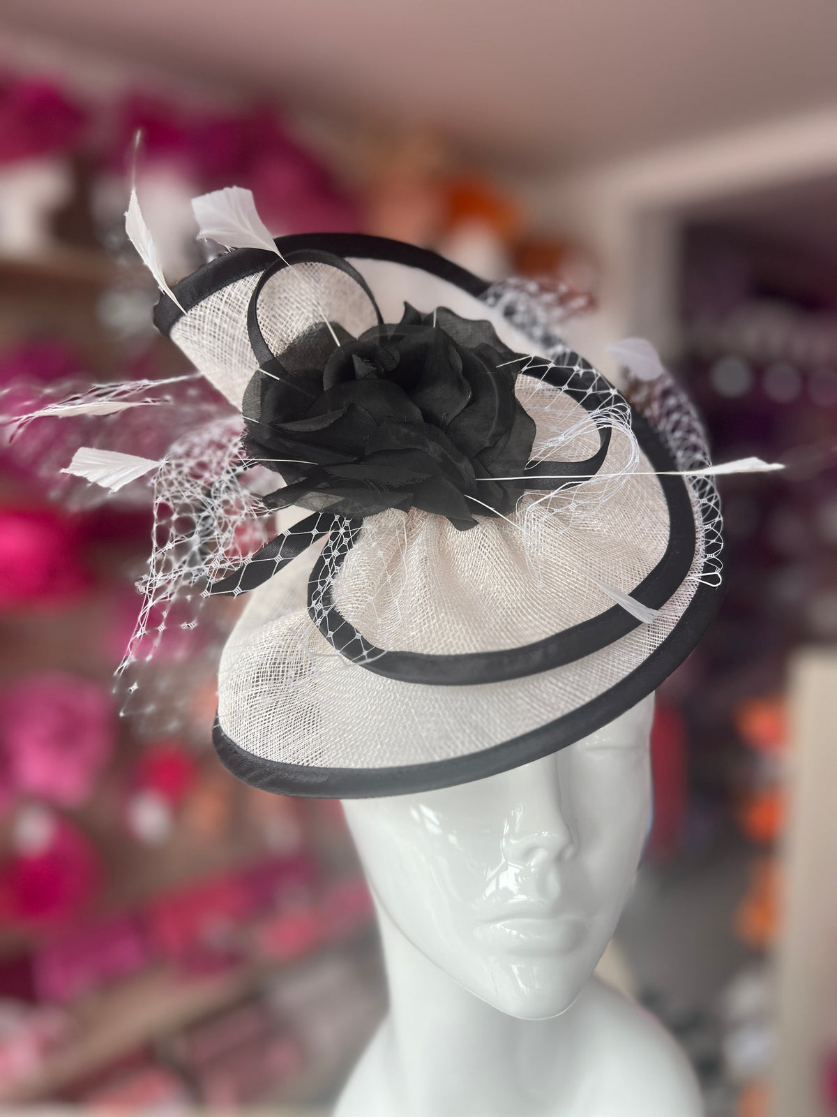 White &amp; Black Disc Fascinator with Fabric Rose &amp; Netting-Fascinators Direct