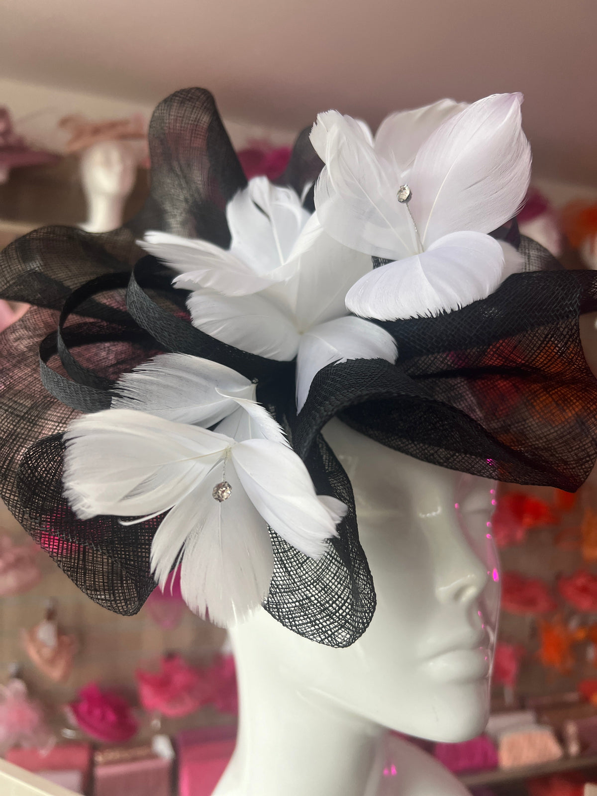 White &amp; Black Large Fascinator With Feather Flowers &amp; Sinamay Curls-Fascinators Direct