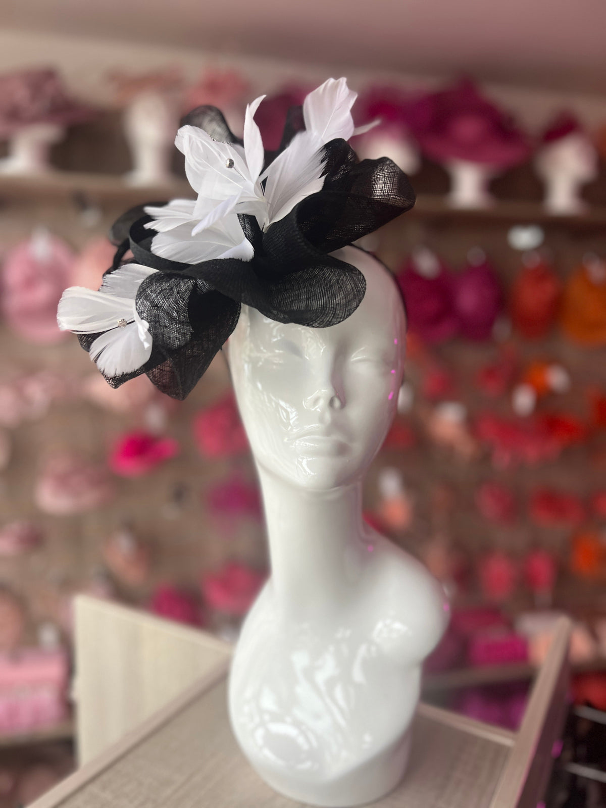 White &amp; Black Large Fascinator With Feather Flowers &amp; Sinamay Curls-Fascinators Direct