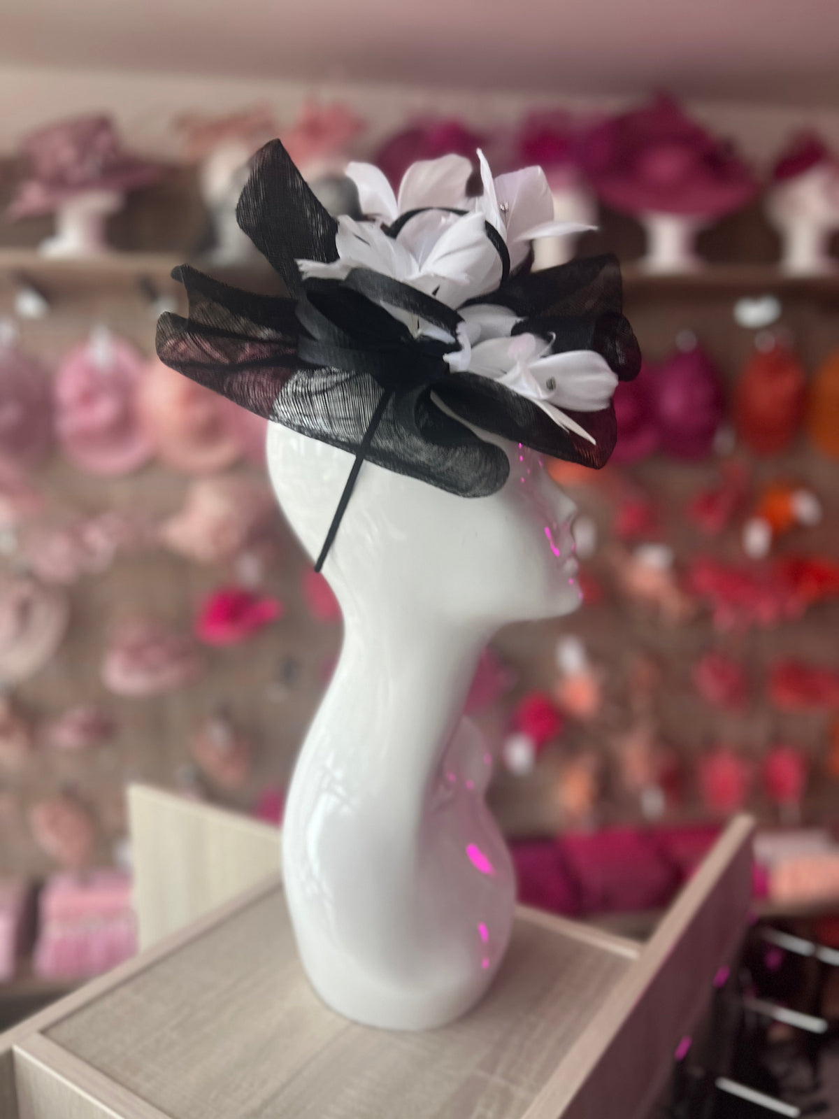 White &amp; Black Large Fascinator With Feather Flowers &amp; Sinamay Curls-Fascinators Direct