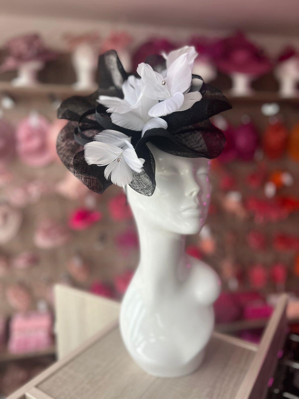 White &amp; Black Large Fascinator With Feather Flowers &amp; Sinamay Curls-Fascinators Direct