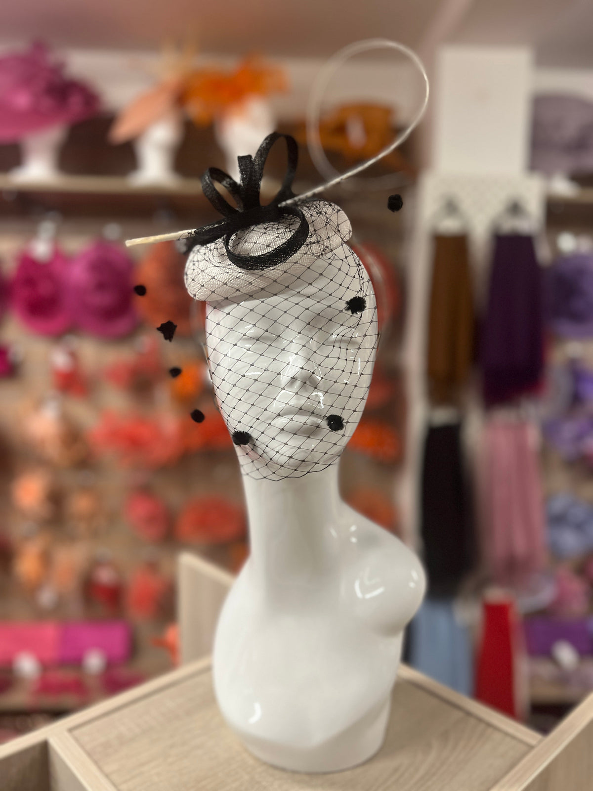 White &amp; Black Pillbox Hat with Veil &amp; Curled Quill-Fascinators Direct