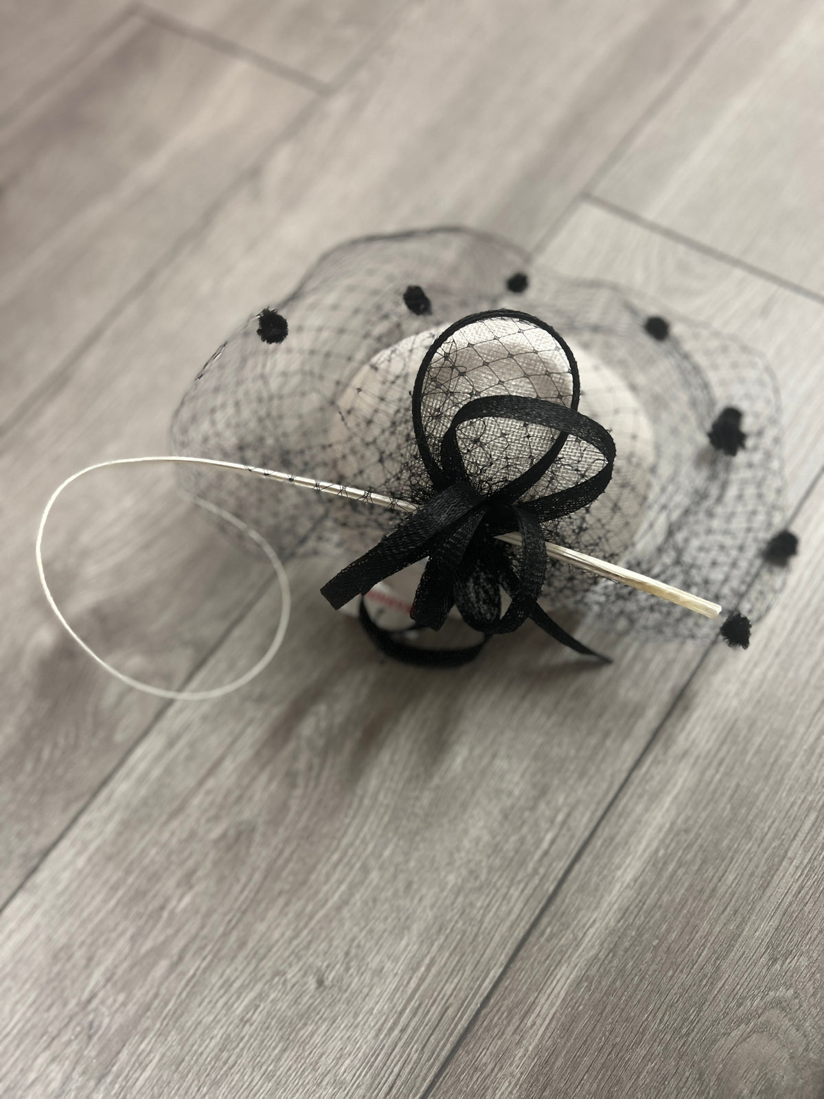 White &amp; Black Pillbox Hat with Veil &amp; Curled Quill-Fascinators Direct