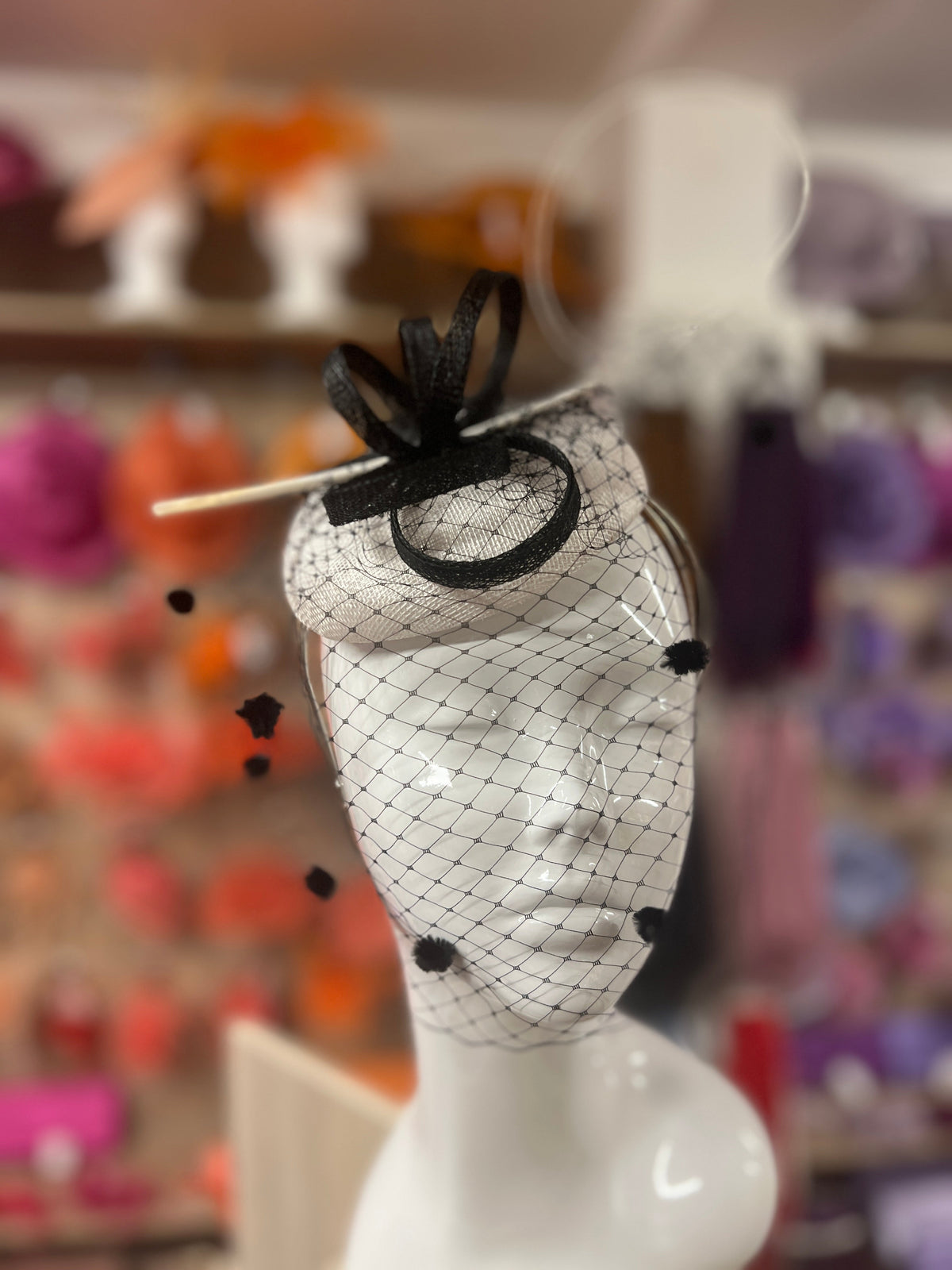 White &amp; Black Pillbox Hat with Veil &amp; Curled Quill-Fascinators Direct
