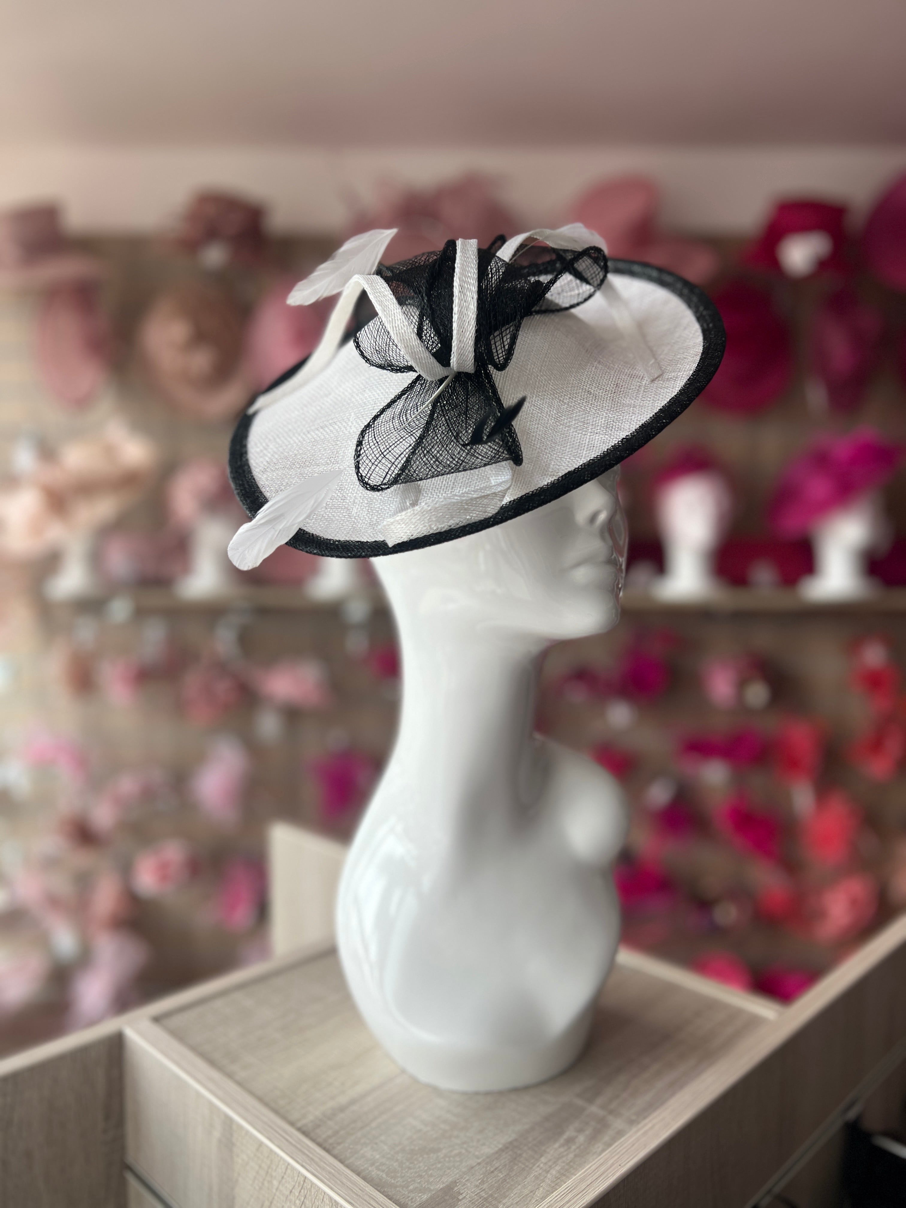 White Black Teardrop Disc Fascinator for Weddings Events Races