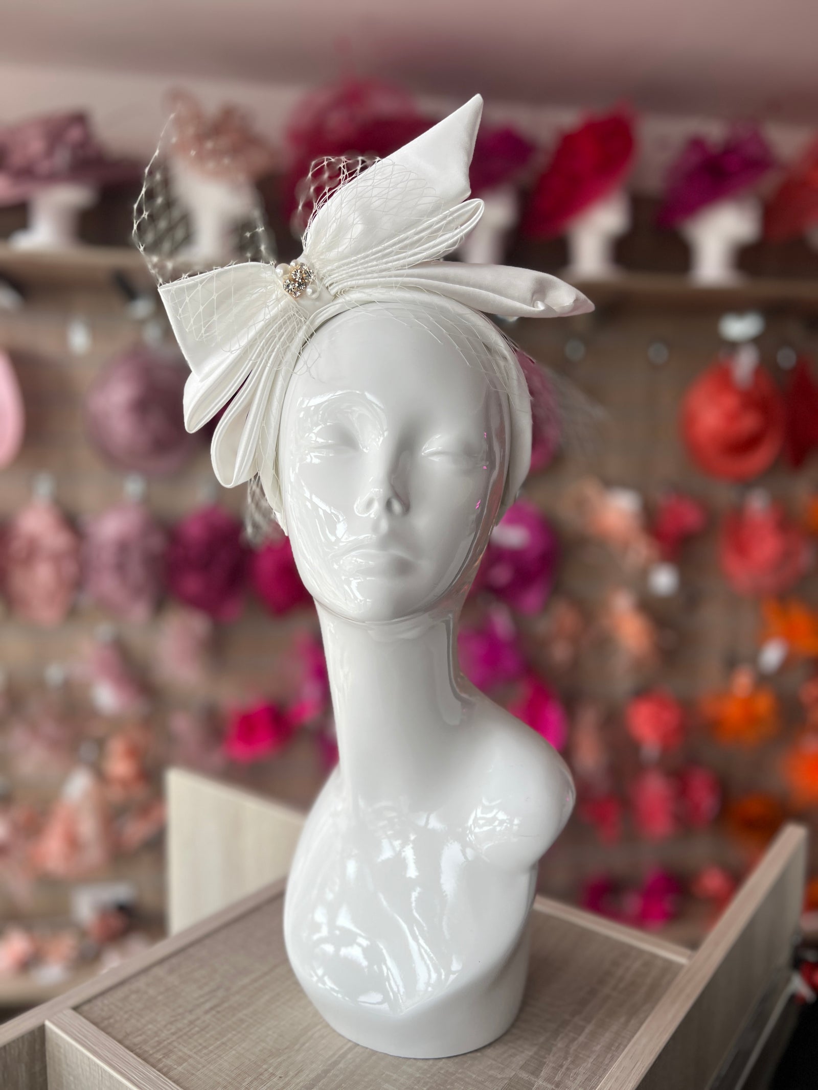 White Bridal Satin Vintage Bow Headband Fascinator With Diamante & Pearls-Fascinators Direct