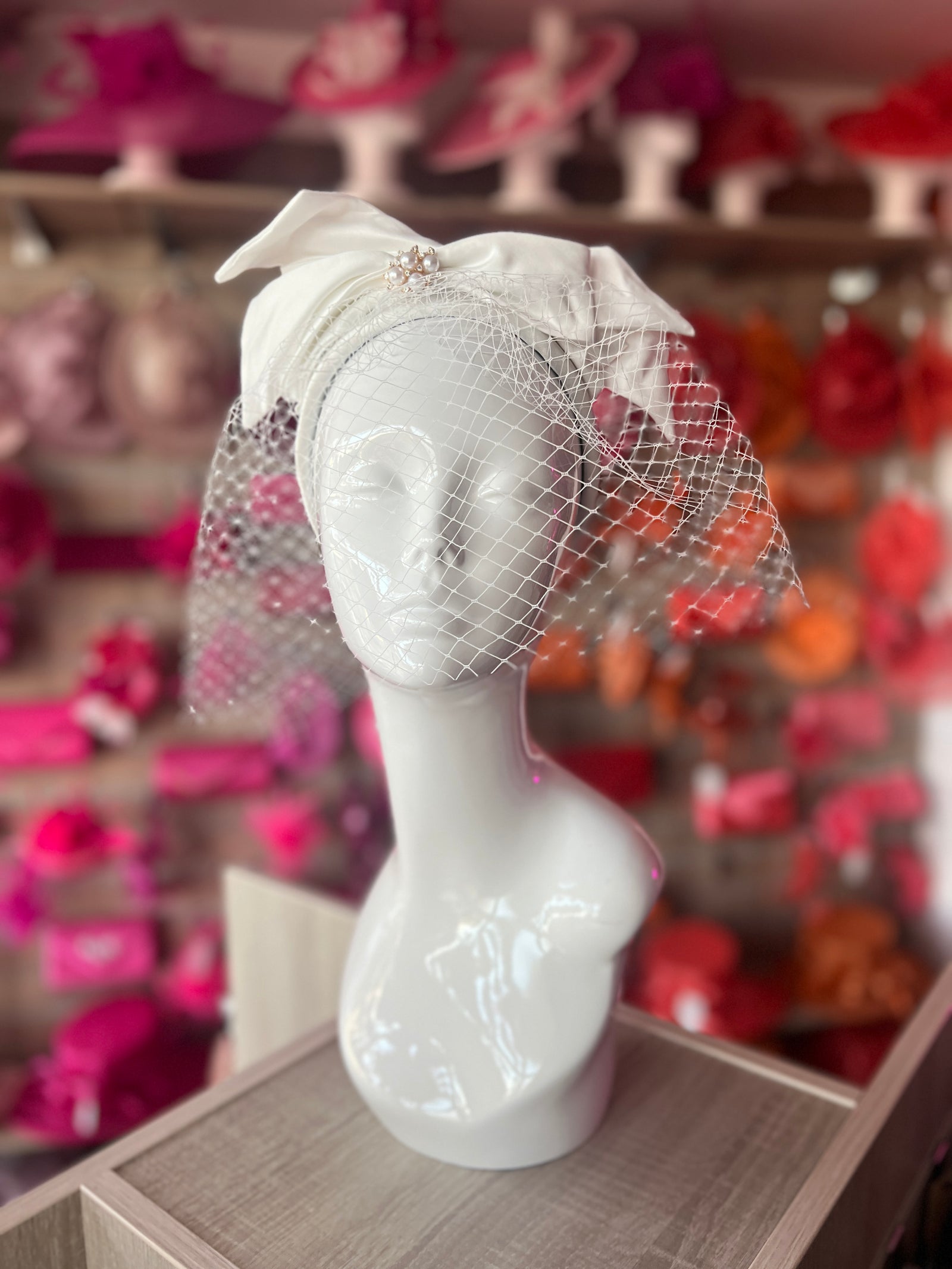 White Bridal Satin Vintage Bow Headband Fascinator With Veil-Fascinators Direct