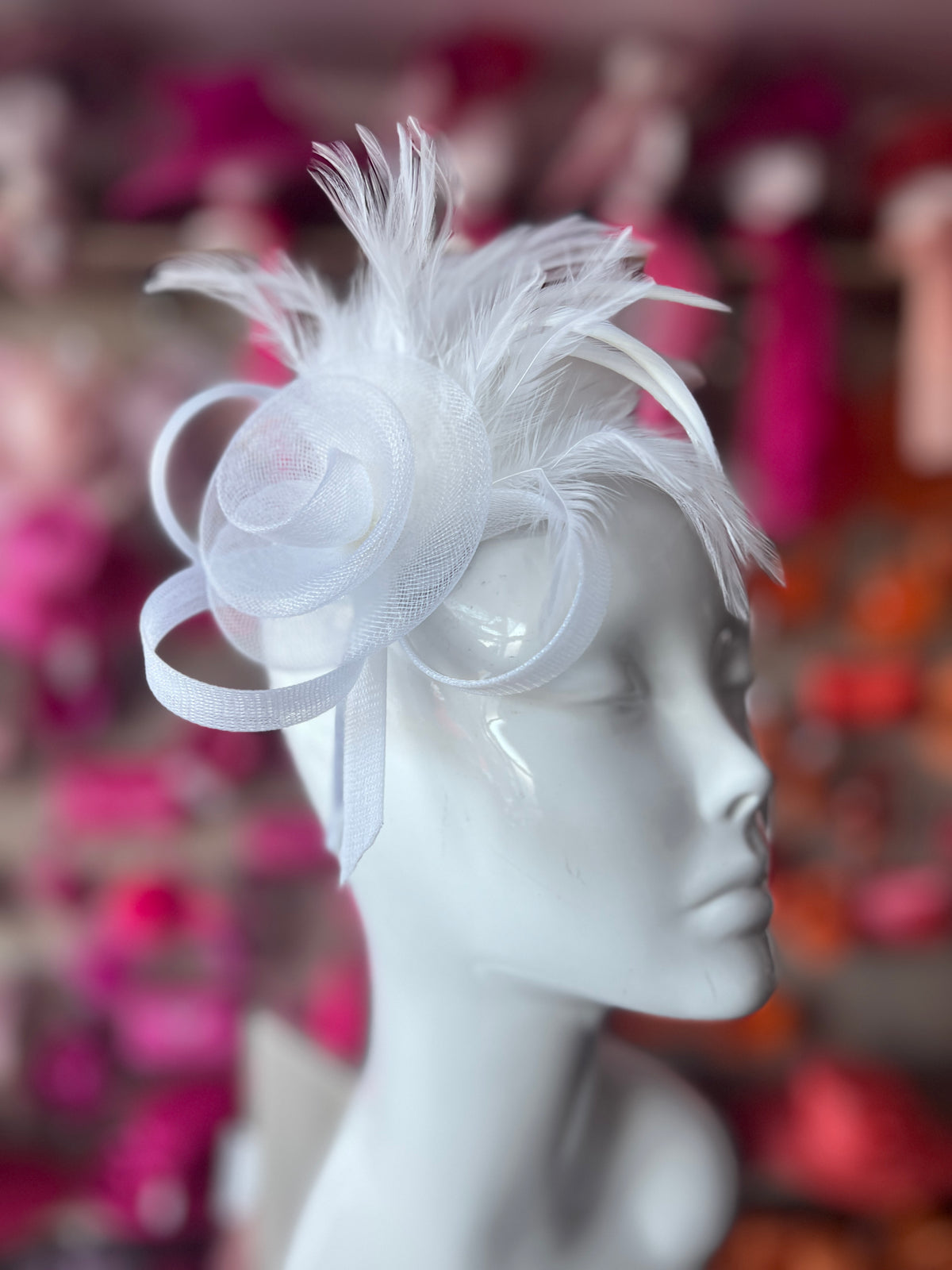 White Crinoline Fascinator with Swirl &amp; Feathers-Fascinators Direct